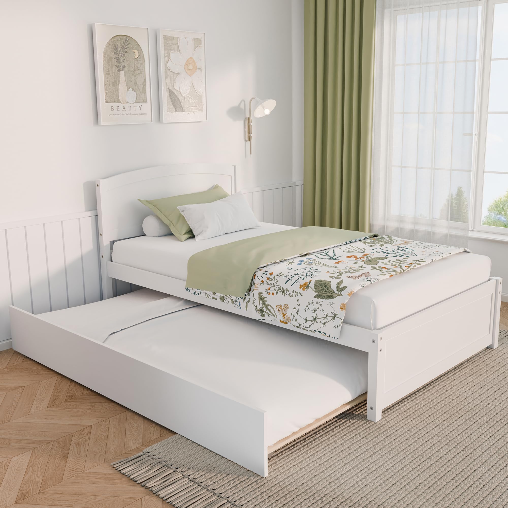 Twin Trundle Bed with Headboard and Wooden Slats