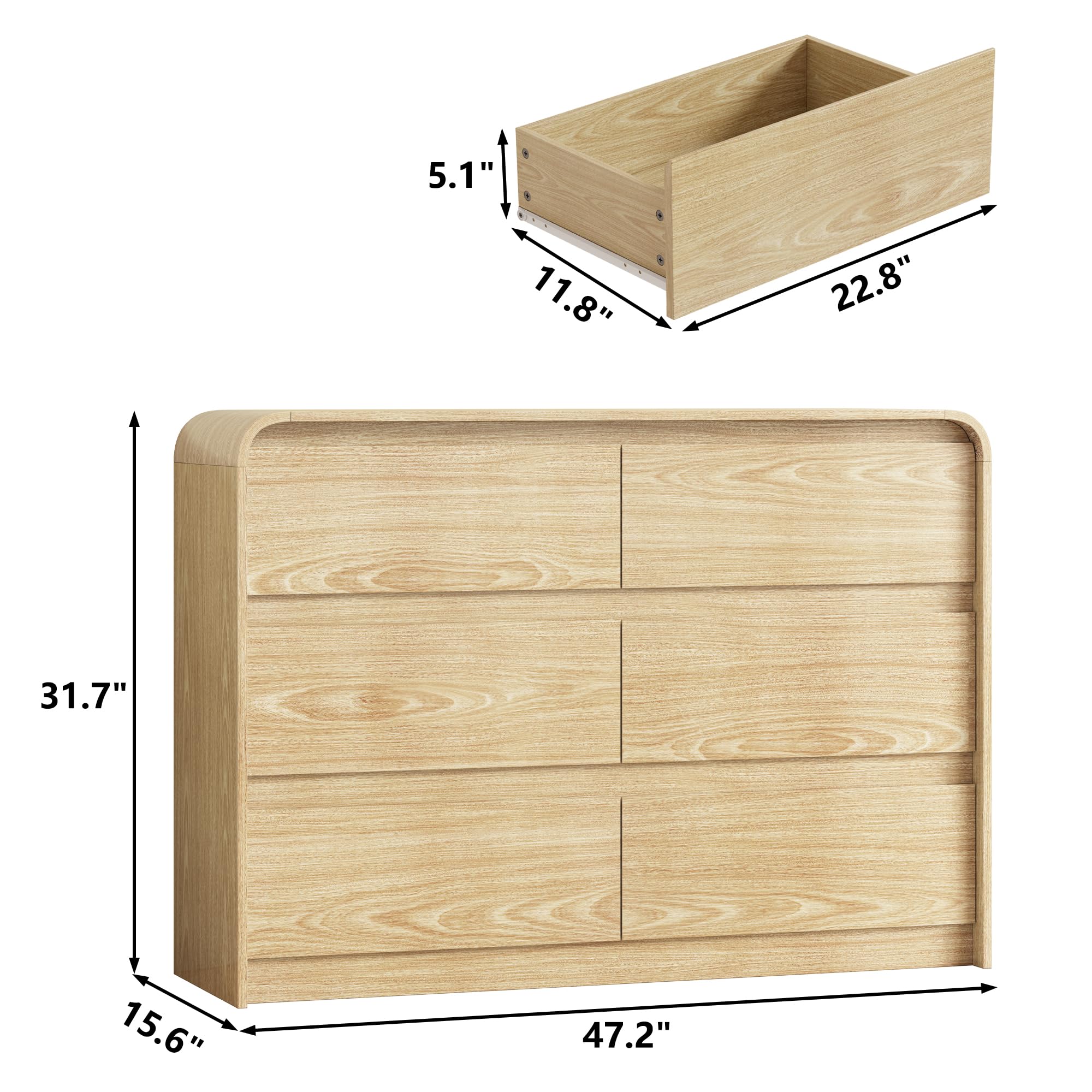6 Drawer Curved Dresser for Bedroom Storage