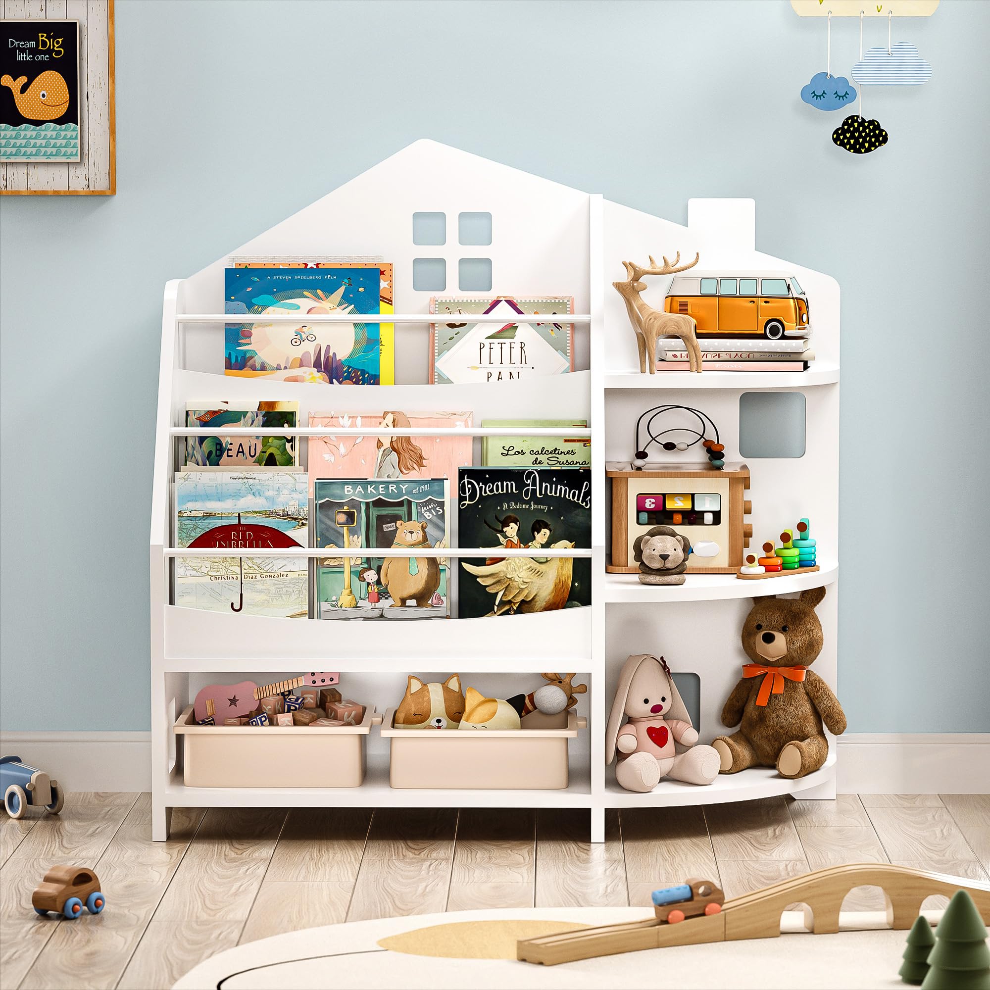 3 Tier Kids Bookshelf Bookcase, House Shape Book Shelf for Kids Rooms Nursery