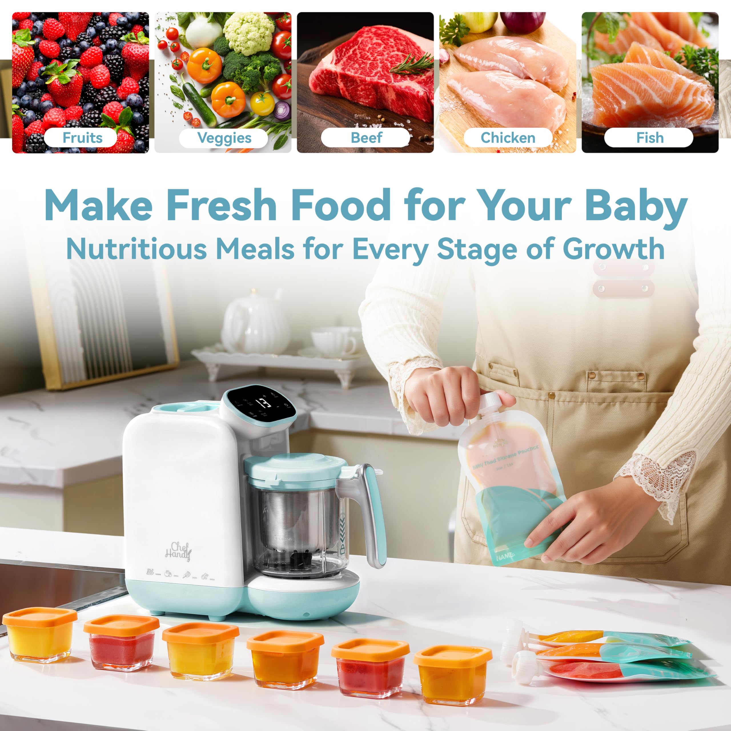 Chefhandy 5-in-1 Baby Food Maker with Steam Basket & Touch Screen | Baby Food Processor and Steamer | Auto Steam, Blend, Milk Warmer | Baby Steamer & Blender for Healthy Homemade(White Blue)