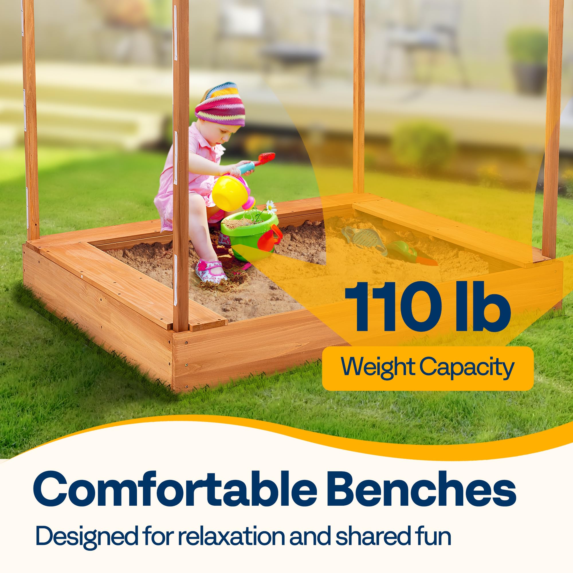 Fir Wood Sandbox with UV-Blocking Canopy and Benches