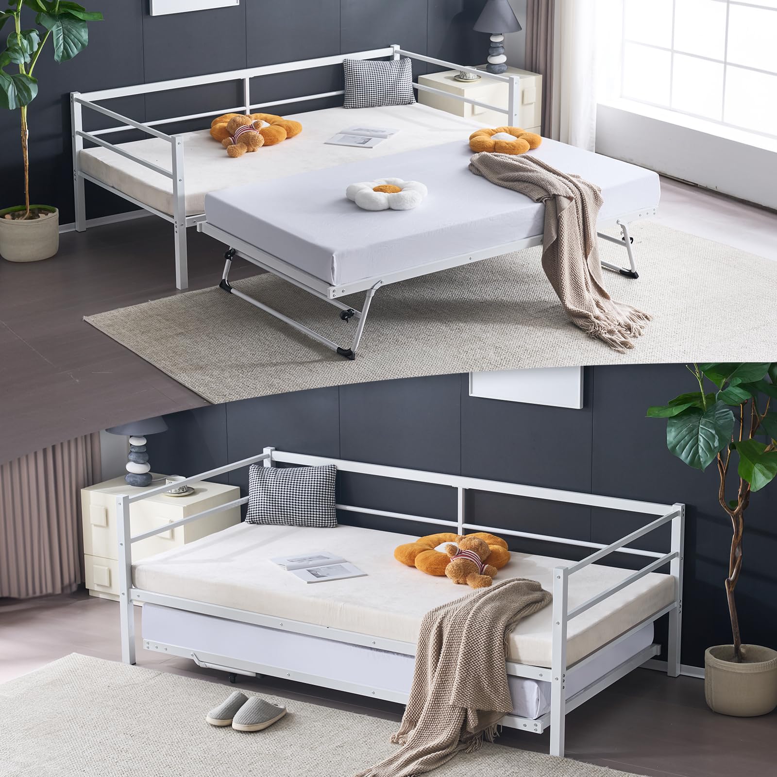 Daybed with Pop Up Trundle, Heavy Duty Metal Twin Bed