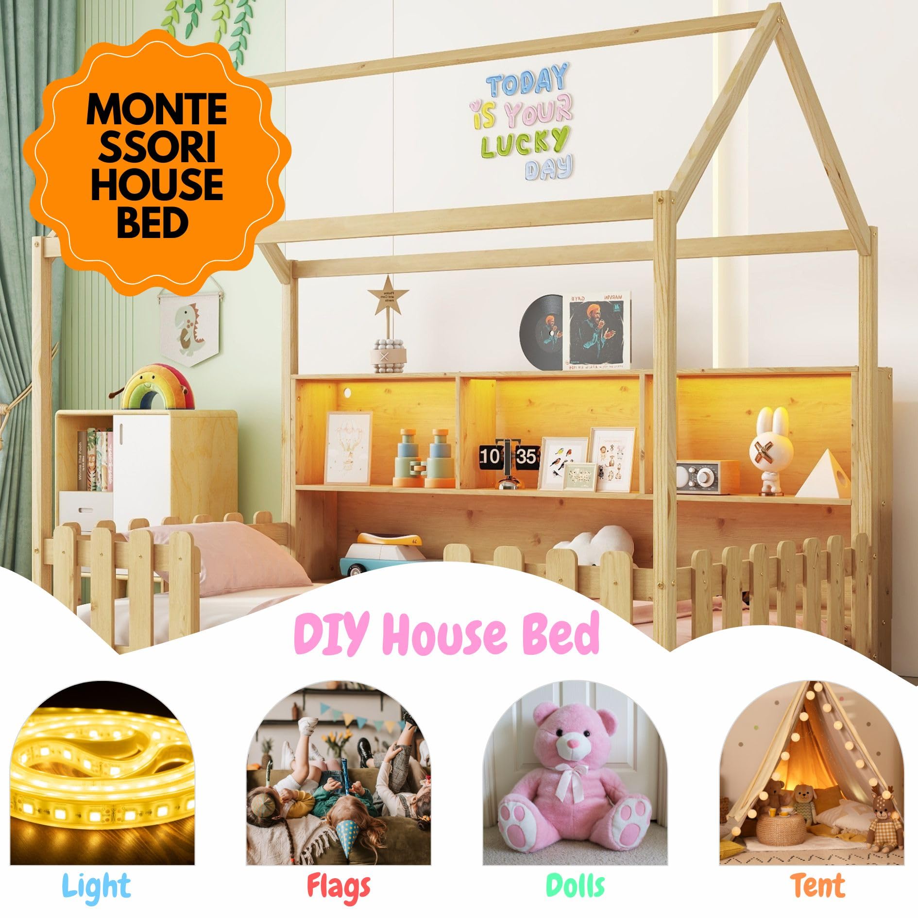 Twin House Bed with Storage and LED Light