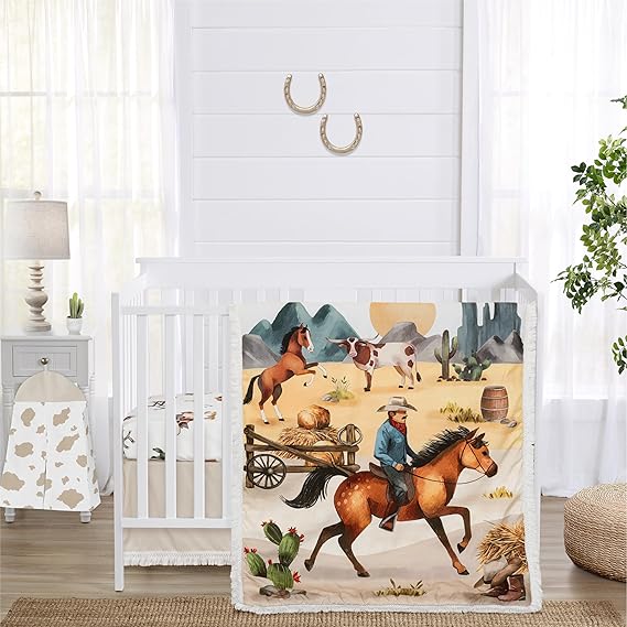 4-Piece Baby Crib Bedding Set (Western Cowboy Print) for Boys