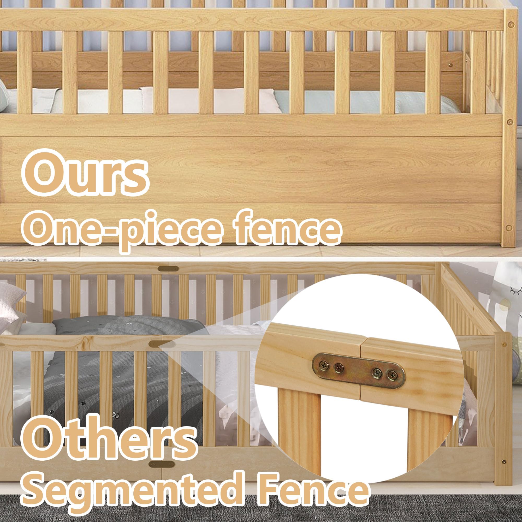 Twin Montessori Floor Bed with High Fence and Door