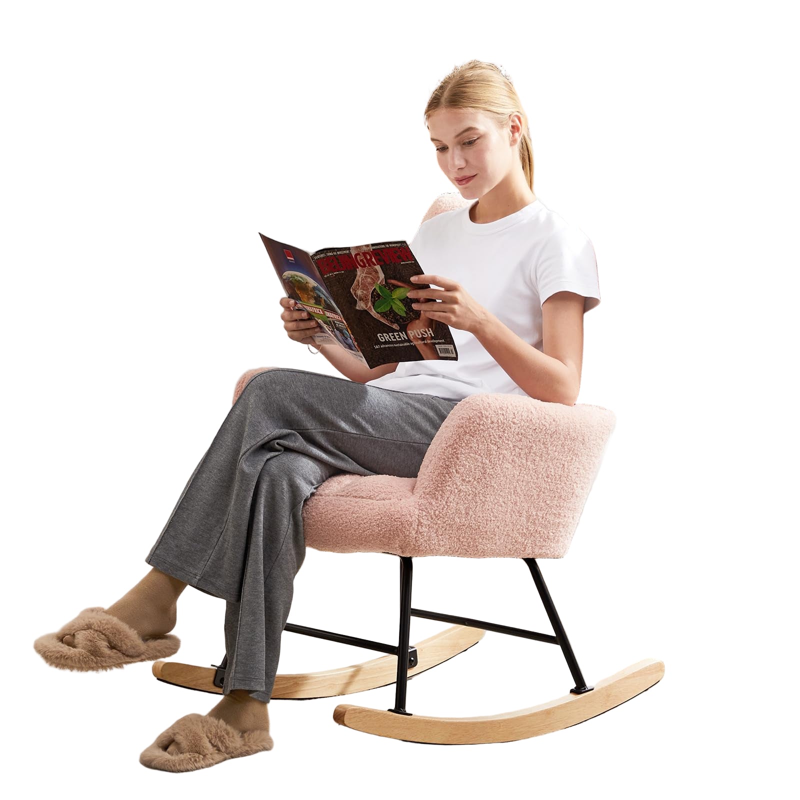 Rocking Chair Nursery, Teddy Upholstered Glider Rocker with High Backrest