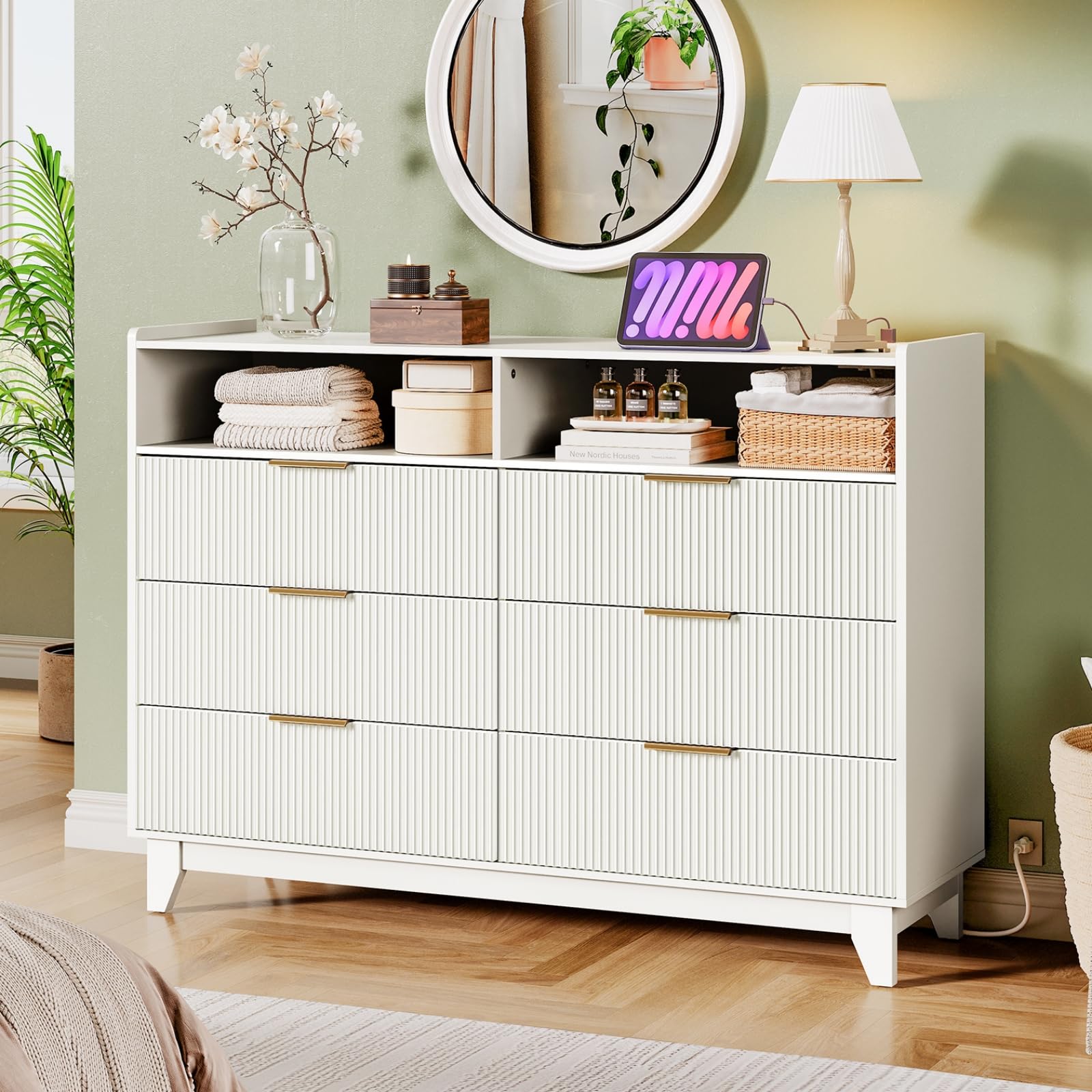 Fluted 6 Drawer Dresser for Bedroom, White Wooden Chest