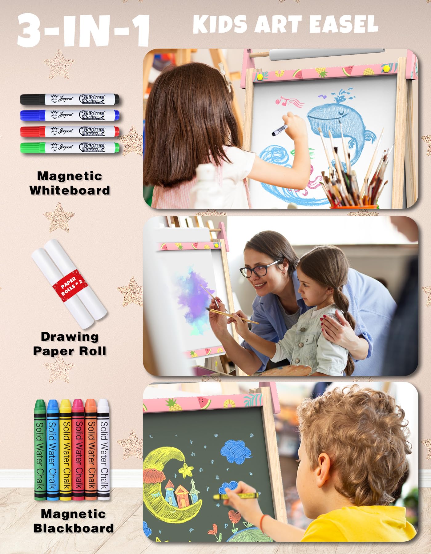 Joyooss Art Easel for Kids Easel for Toddlers,Adjustable Standing Wooden Easels Kids Whiteboard & Chalk Board Kids Dry Erase Board,Art Easel for Kids Easel for Toddlers 2-4 Years