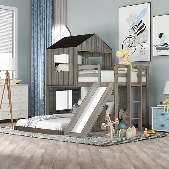 Twin Over Full Bunk Bed Frame, Solid Wood House Bunk Bed with Roof