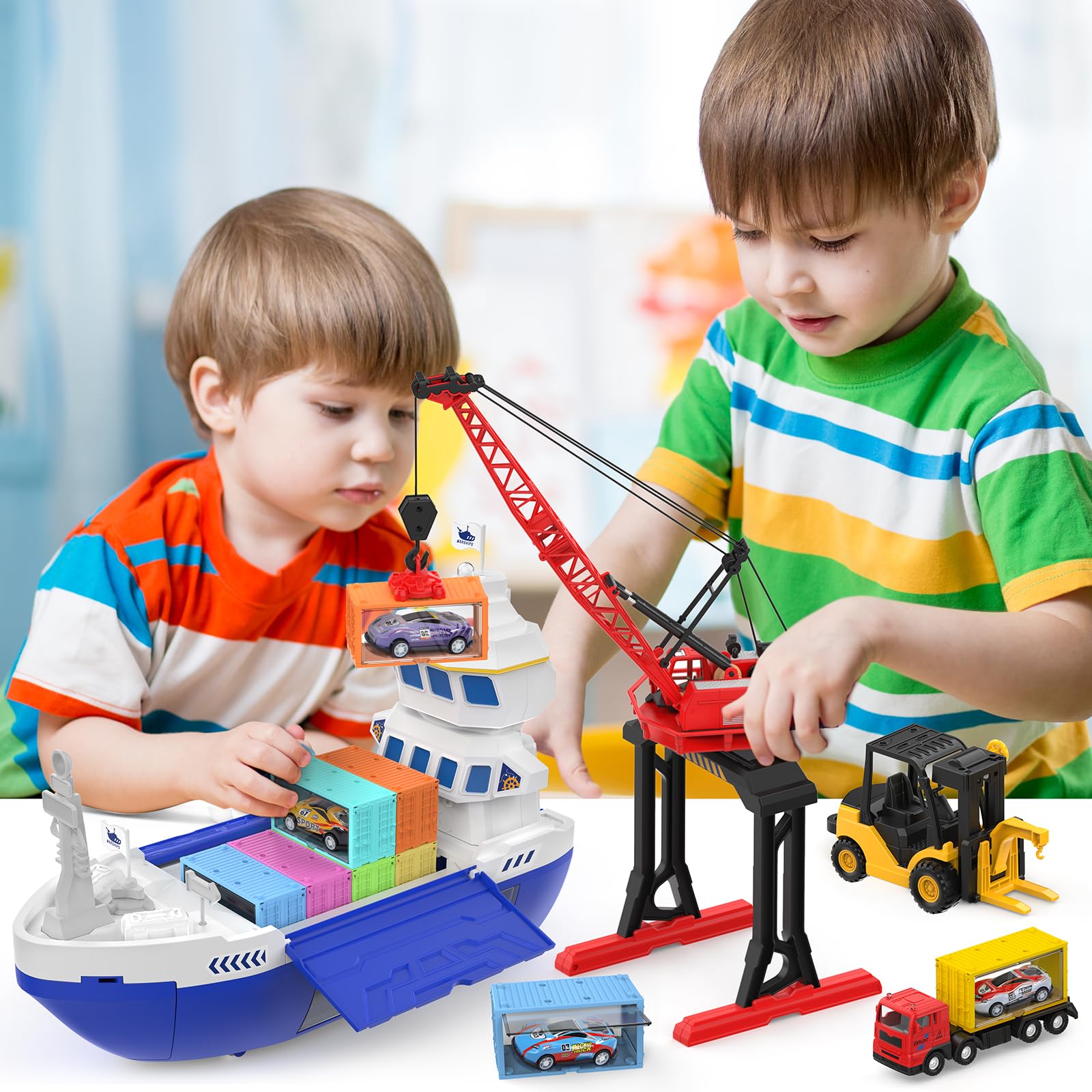 2-in-1 Toy Boat & Tower Crane Playset, Cargo Ship with Lights/Sounds
