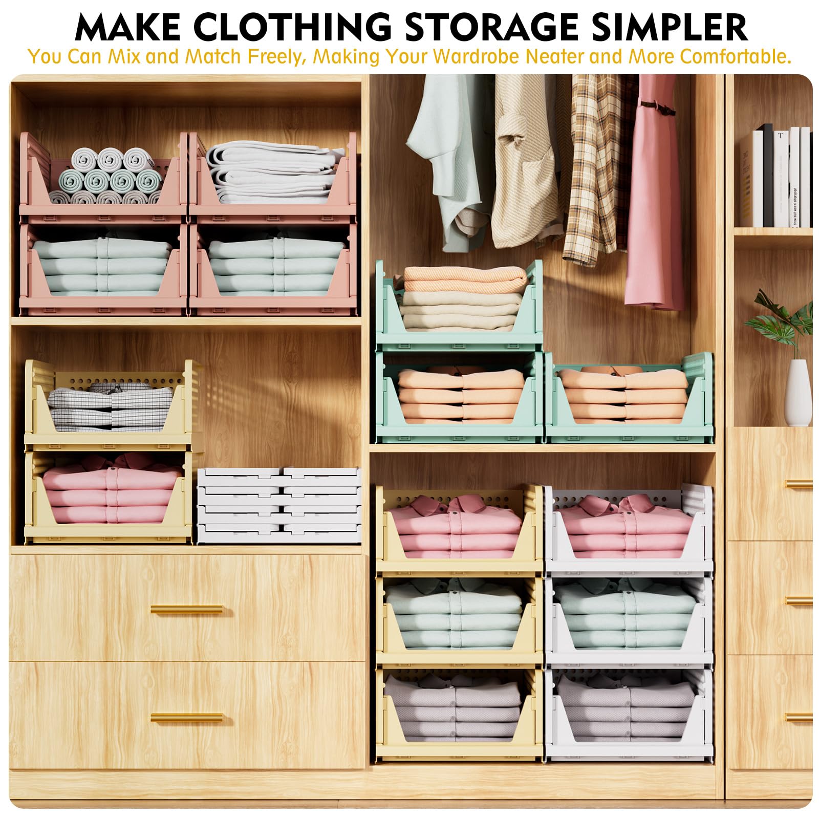 Stackable Closet Storage Basket - 5 Pack Foldable Organizer Bins