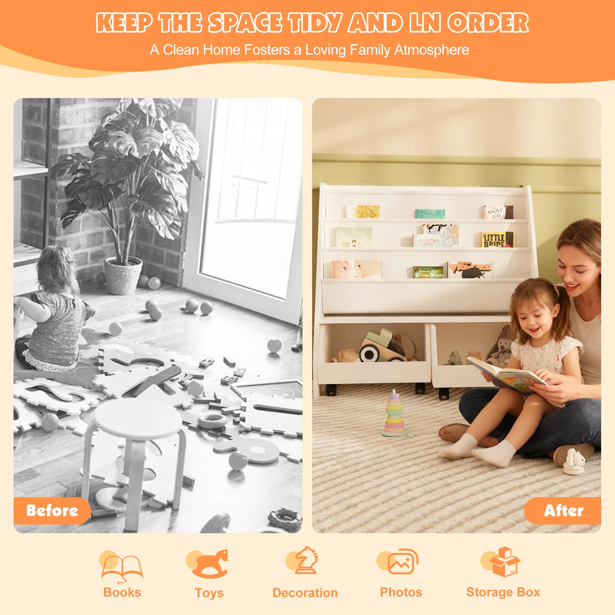 Kids Bookshelf with Storage Drawers and Sling Pockets