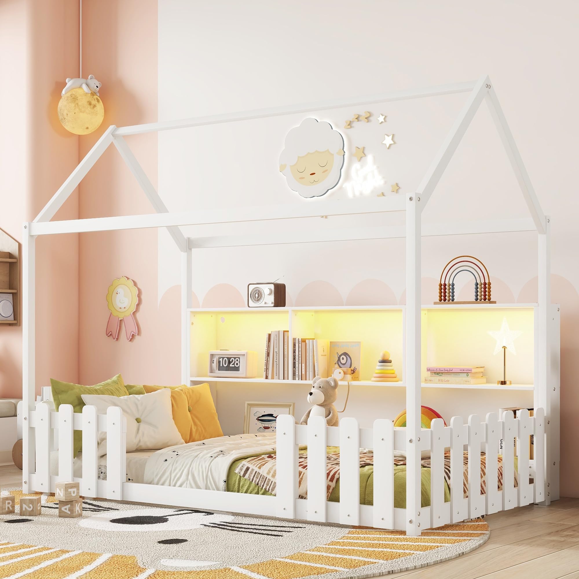 Twin Floor Bed with LED Light and Storage Bookshelf