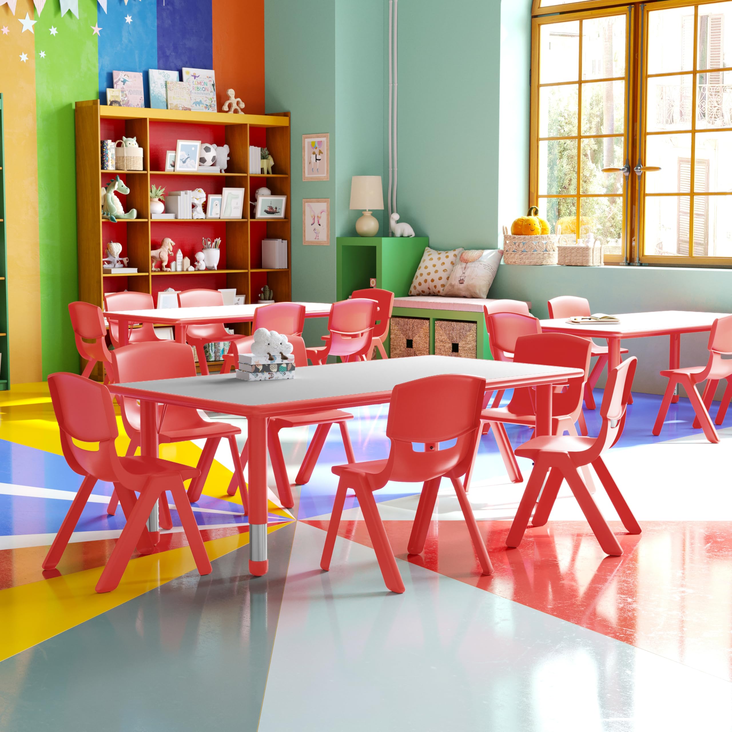 23.625" W x 47.25" L Red Plastic Activity Table Set-6 Chairs