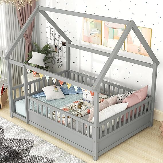 Kids Montessori Twin Size Floor Bed with High Fence, House Bed for Kids, Wooden, Gray