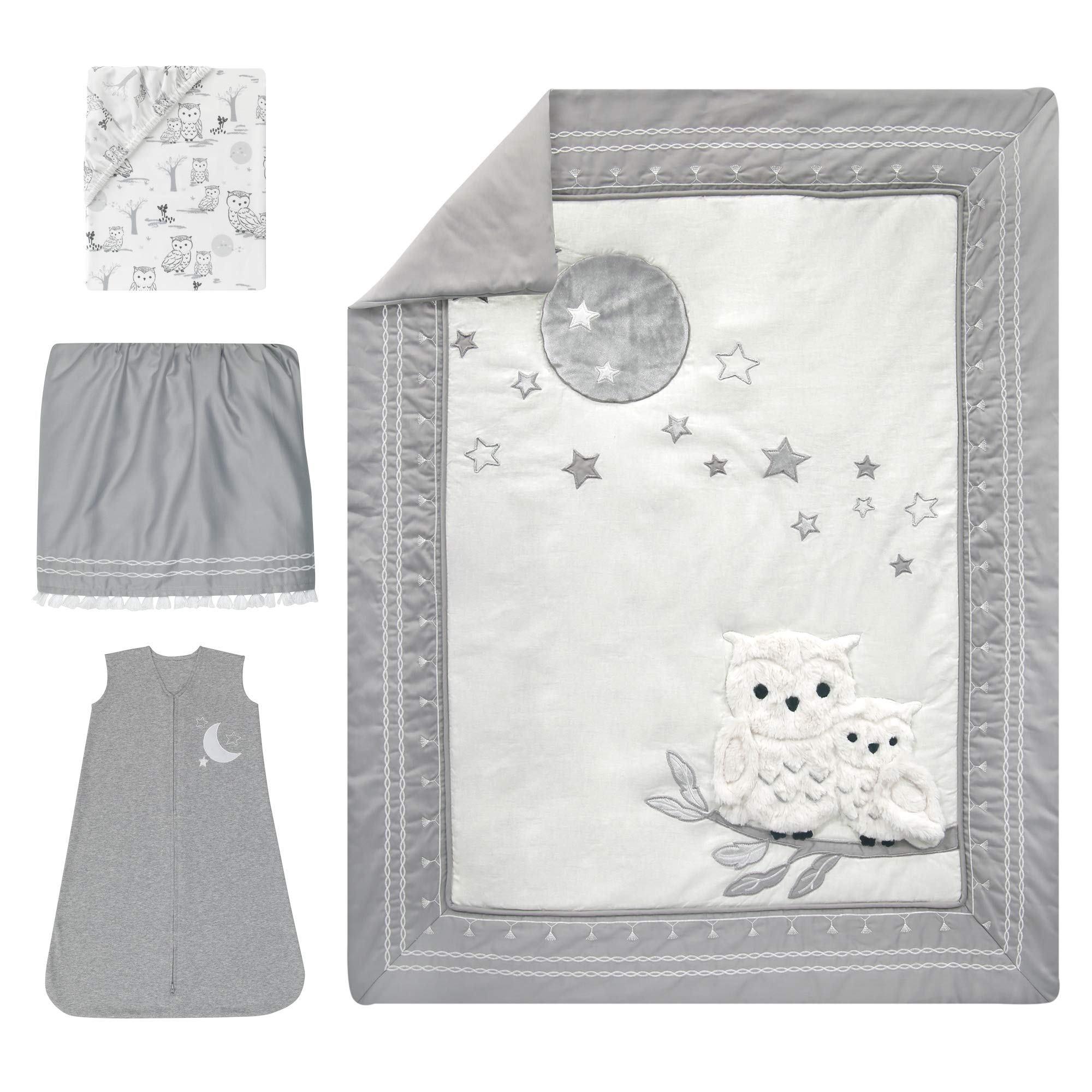 Luna White/Gray Celestial Owl 4-Piece Nursery Baby Crib Bedding Set