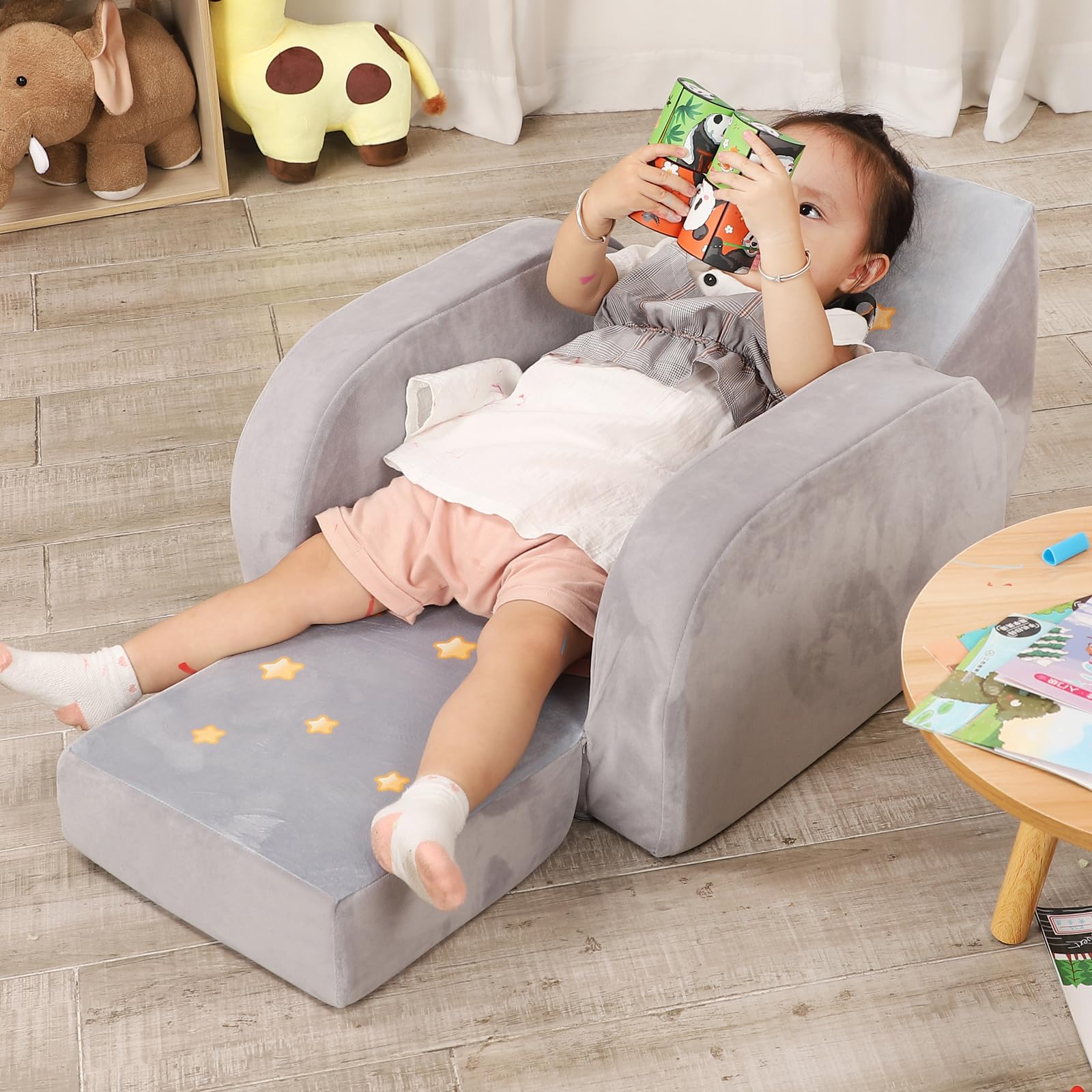 Elephant Printed Kids Sofa, 3-in-1 Convertible Flip Open Toddler Couch