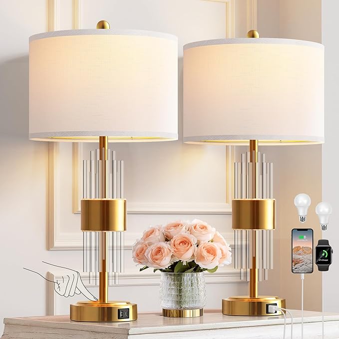 Table Lamps for Bedroom Set of 2 with Nightlight, Modern Bedside
