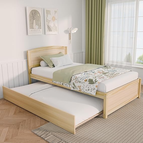 Trundle Bed Twin, Solid Wood Bed Frames with Headboard