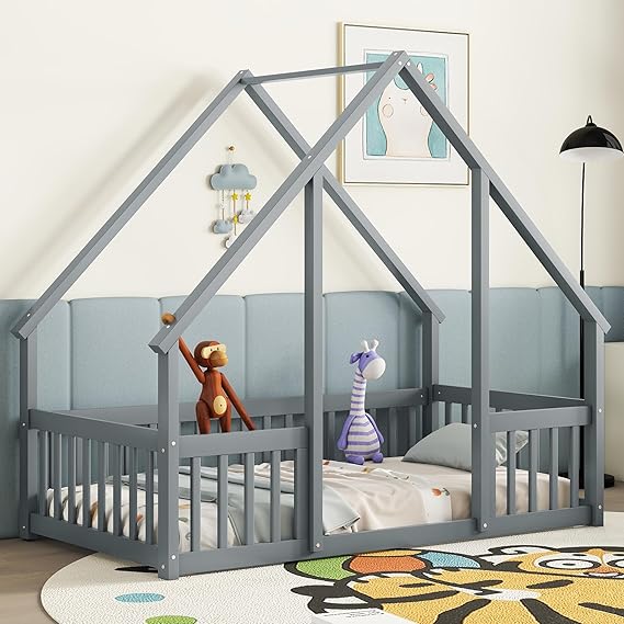 Twin Floor Bed for Kids with House Frame and Fence