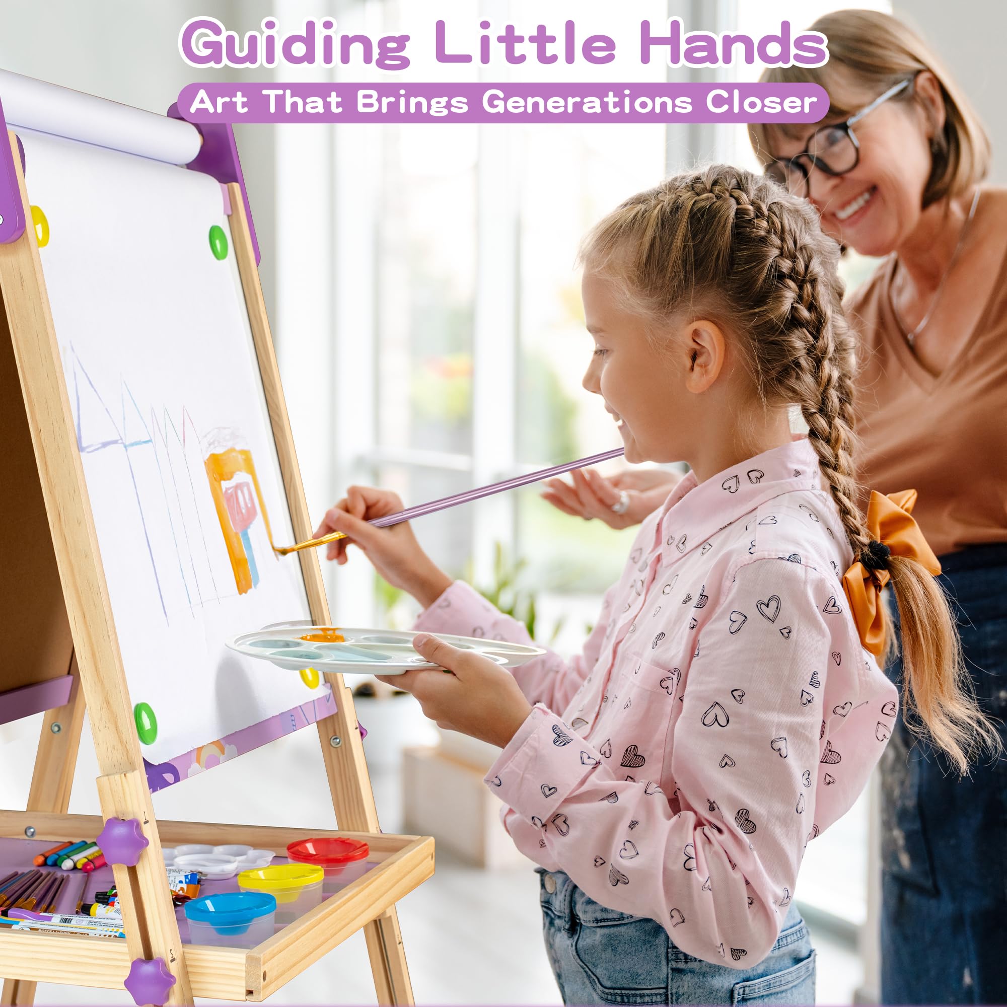 3-in-1 Adjustable Kids Art Easel Set, Height Adjustable Magnetic Whiteboard & Chalkboard with Painting Paper Roll, Wooden Dual-Sided Art Station for Toddlers & Children Ages 3+, Art Supplies Included