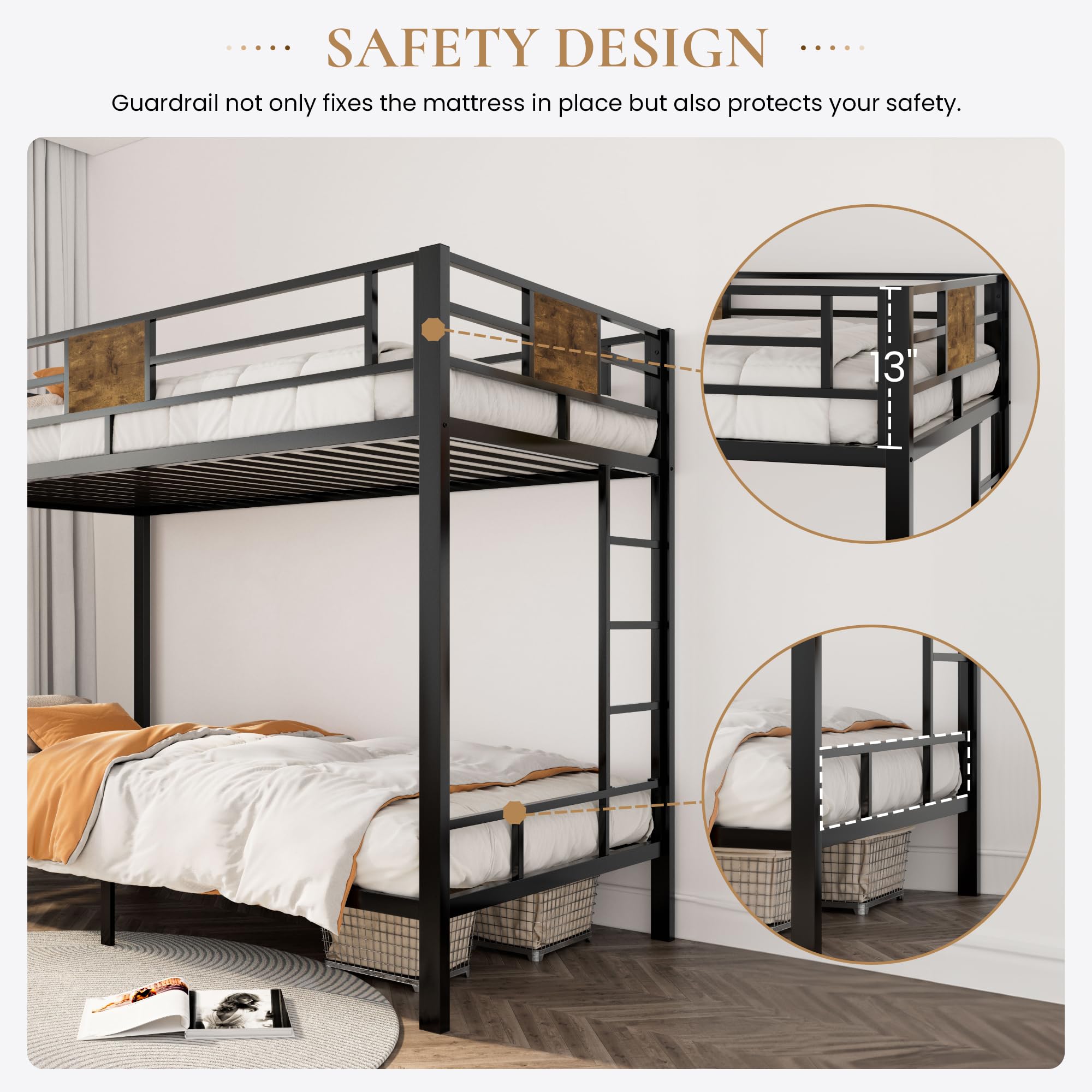 Twin Over Twin Metal Bunk Bed with Ladder and Guardrails
