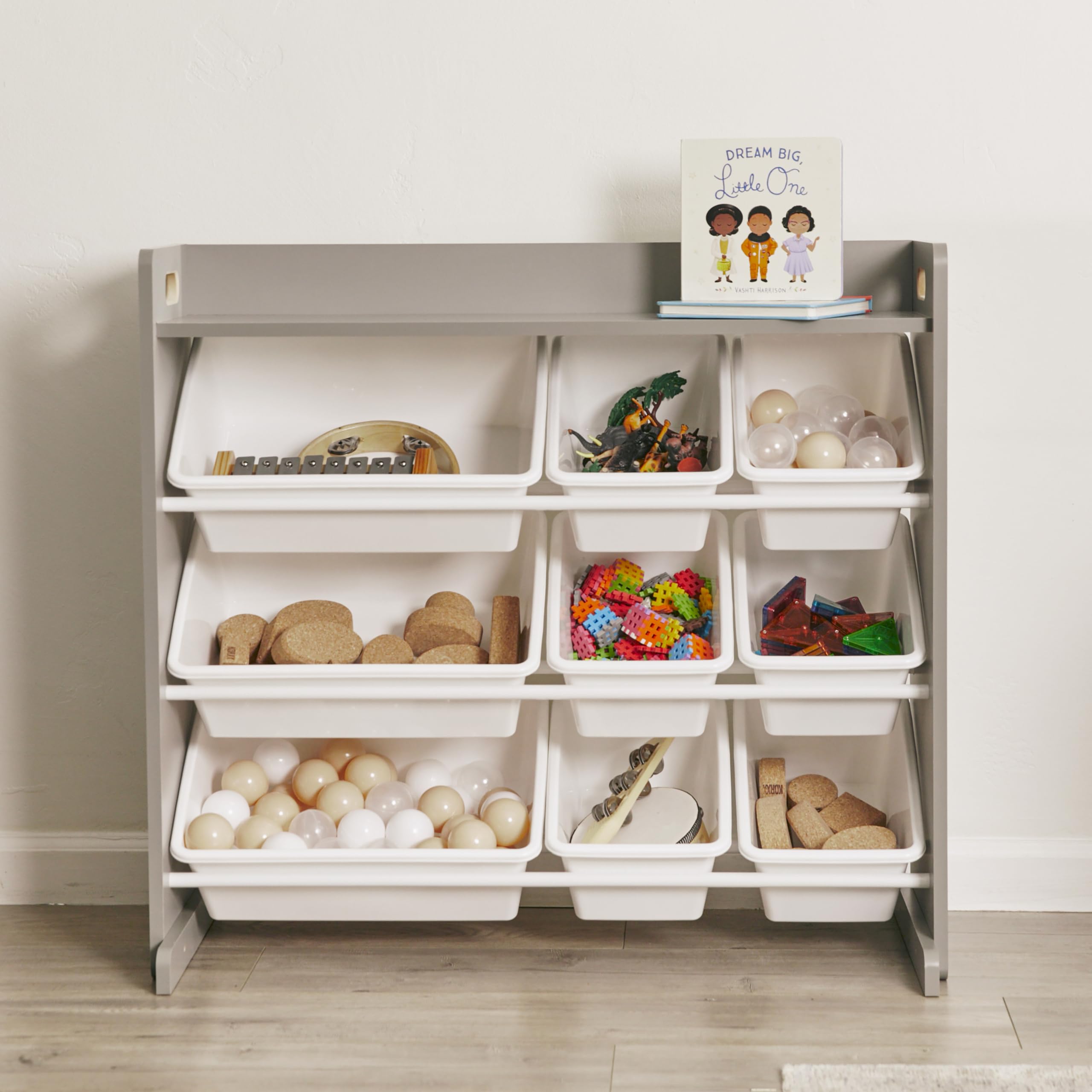 3-Tier Organizer with Shelf and 9 Bins, Toy Storage, Grey/White