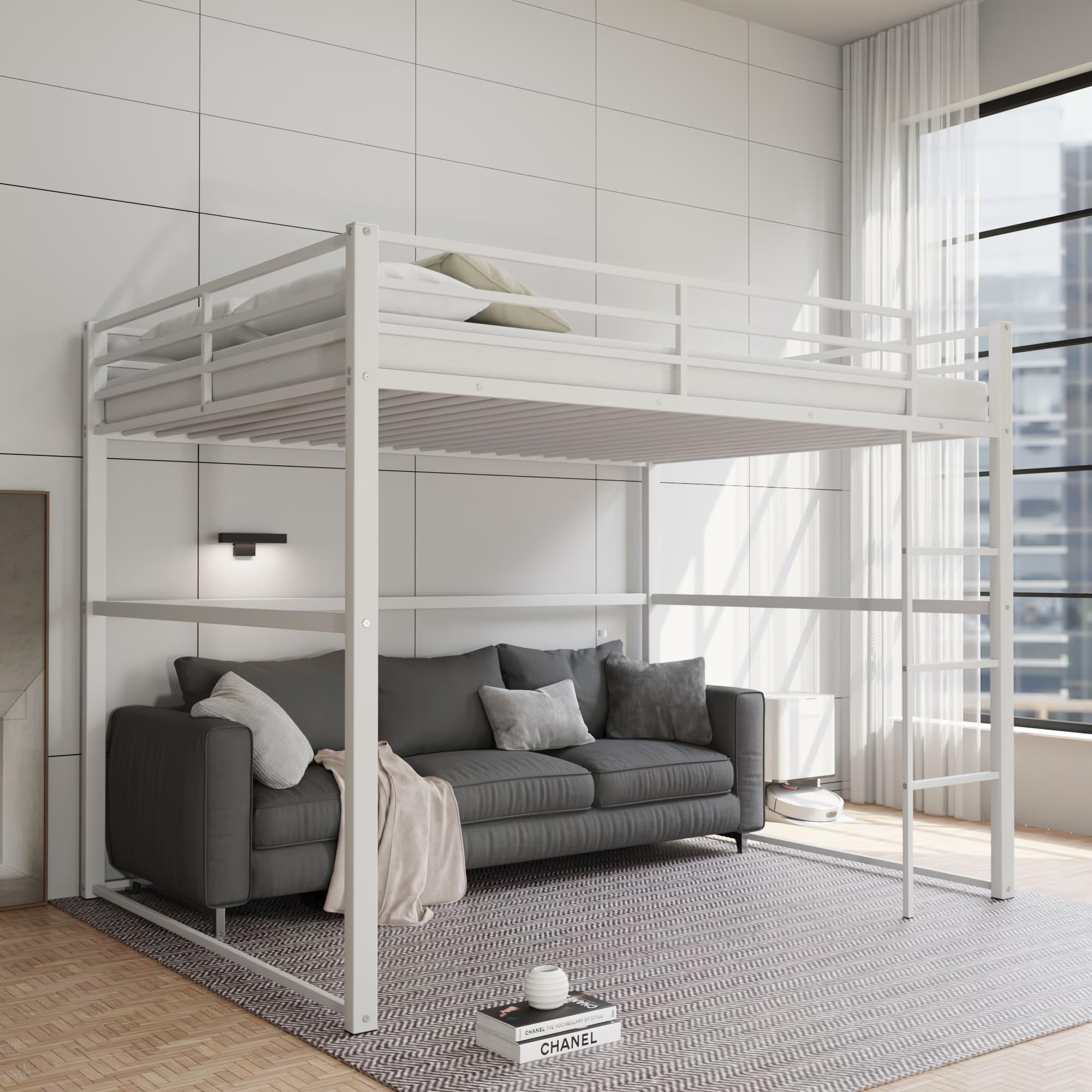 Loft Bed Full Size, Loft Bed Frame with Safety Guard Rails & Flat Ladder