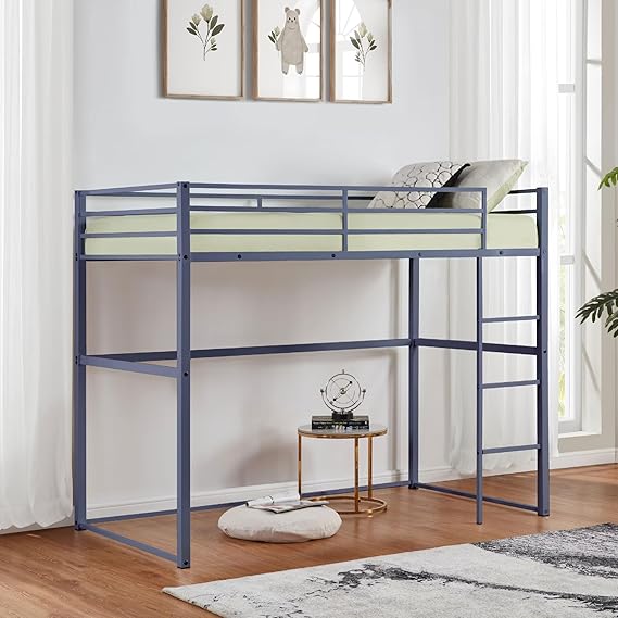 Twin Metal Loft Bed with Safety Guard Rails, Flat Ladder, Metal Slat