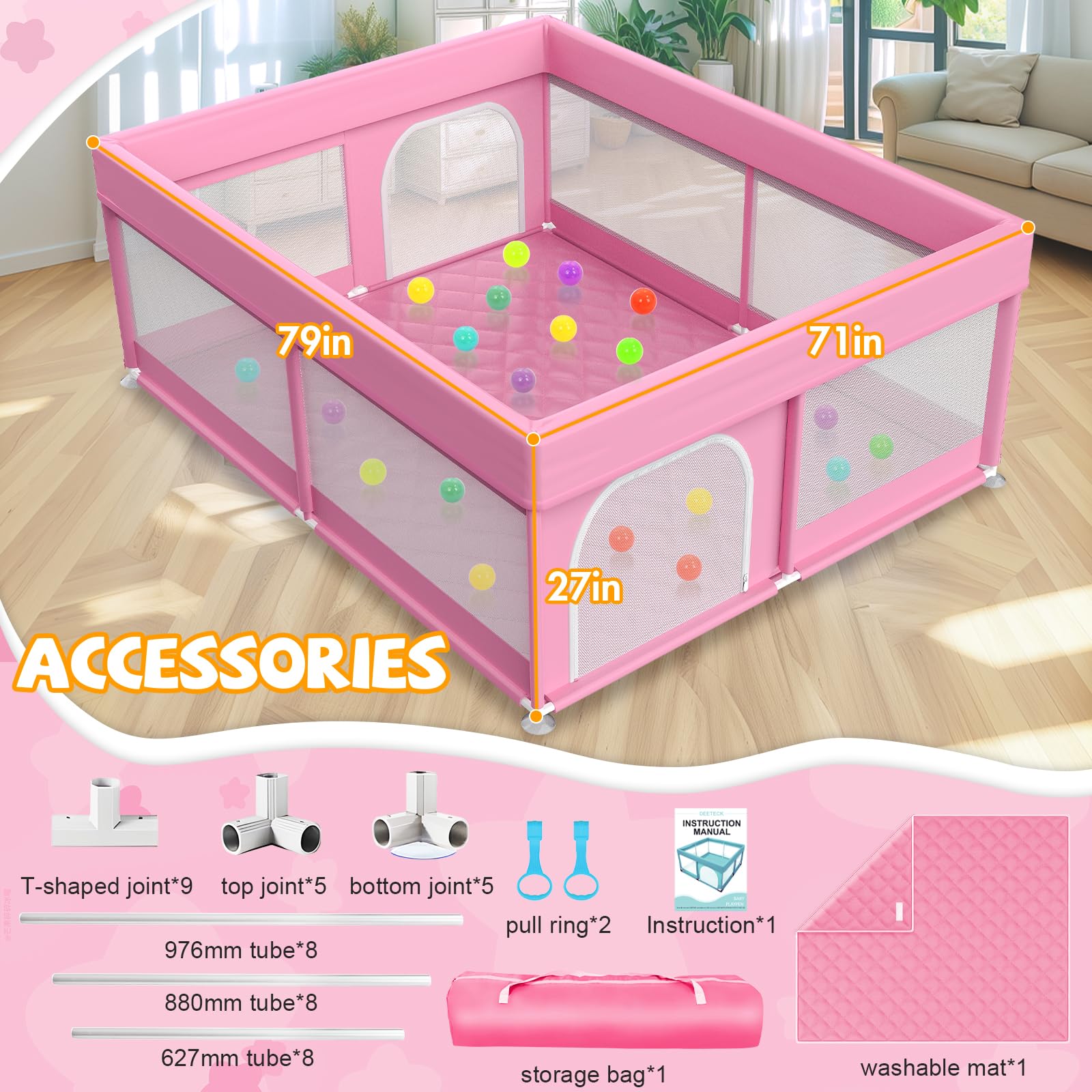 Large Baby Playpen with Mat 79x71 Inches