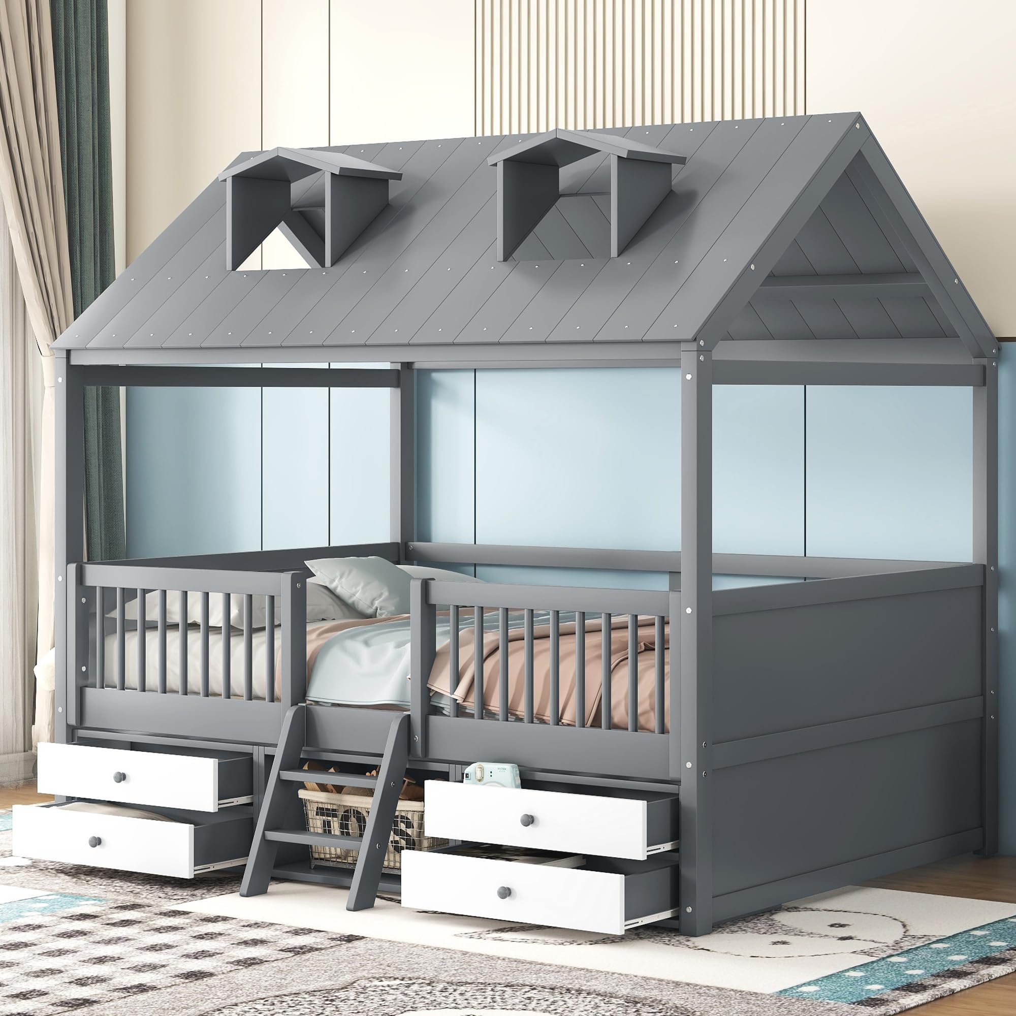 Full Size Wood House Bed Frame with Full-Length Fence and 4 Storage Drawers