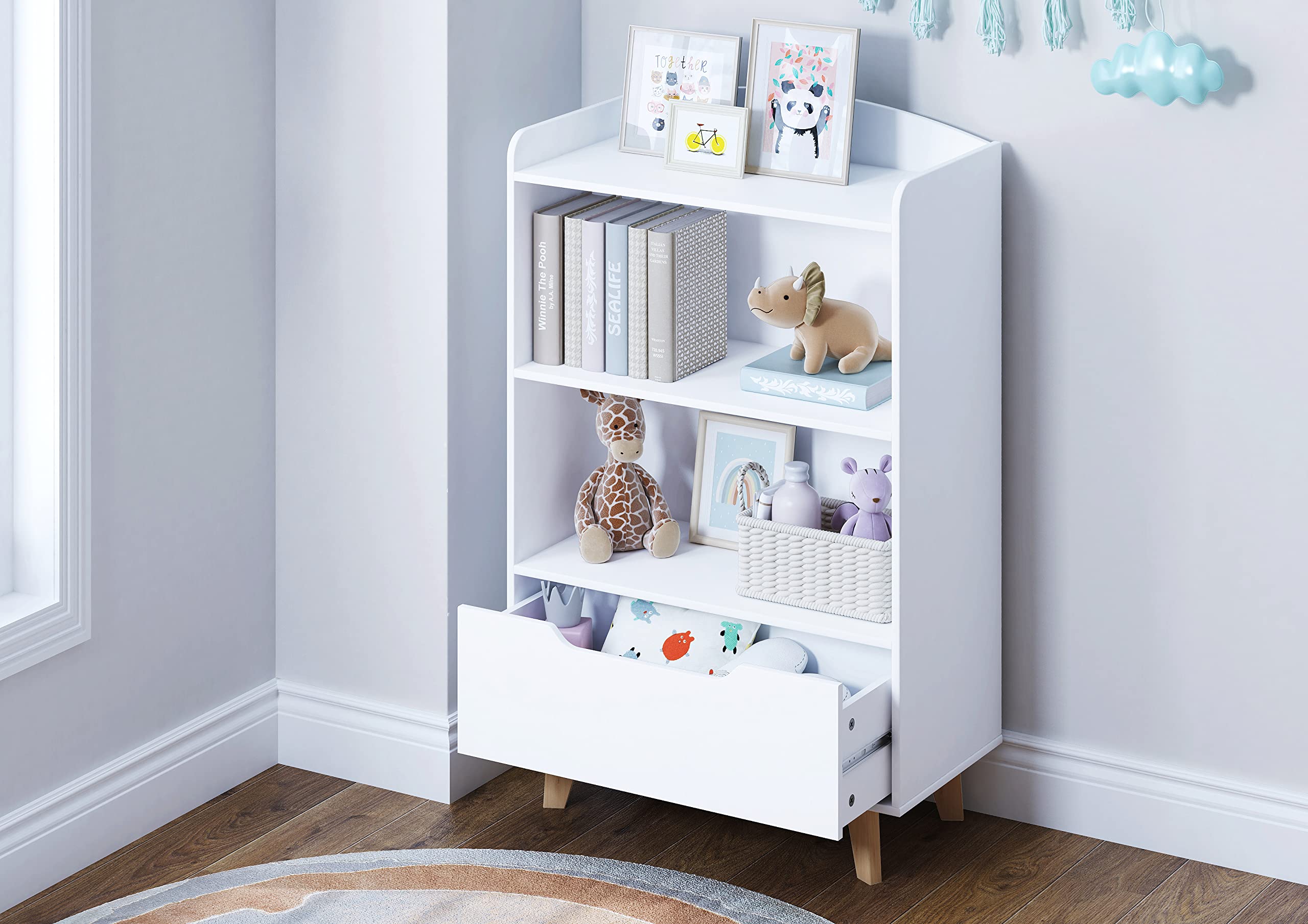 Kids Bookshelf with Storage Drawer White Wood