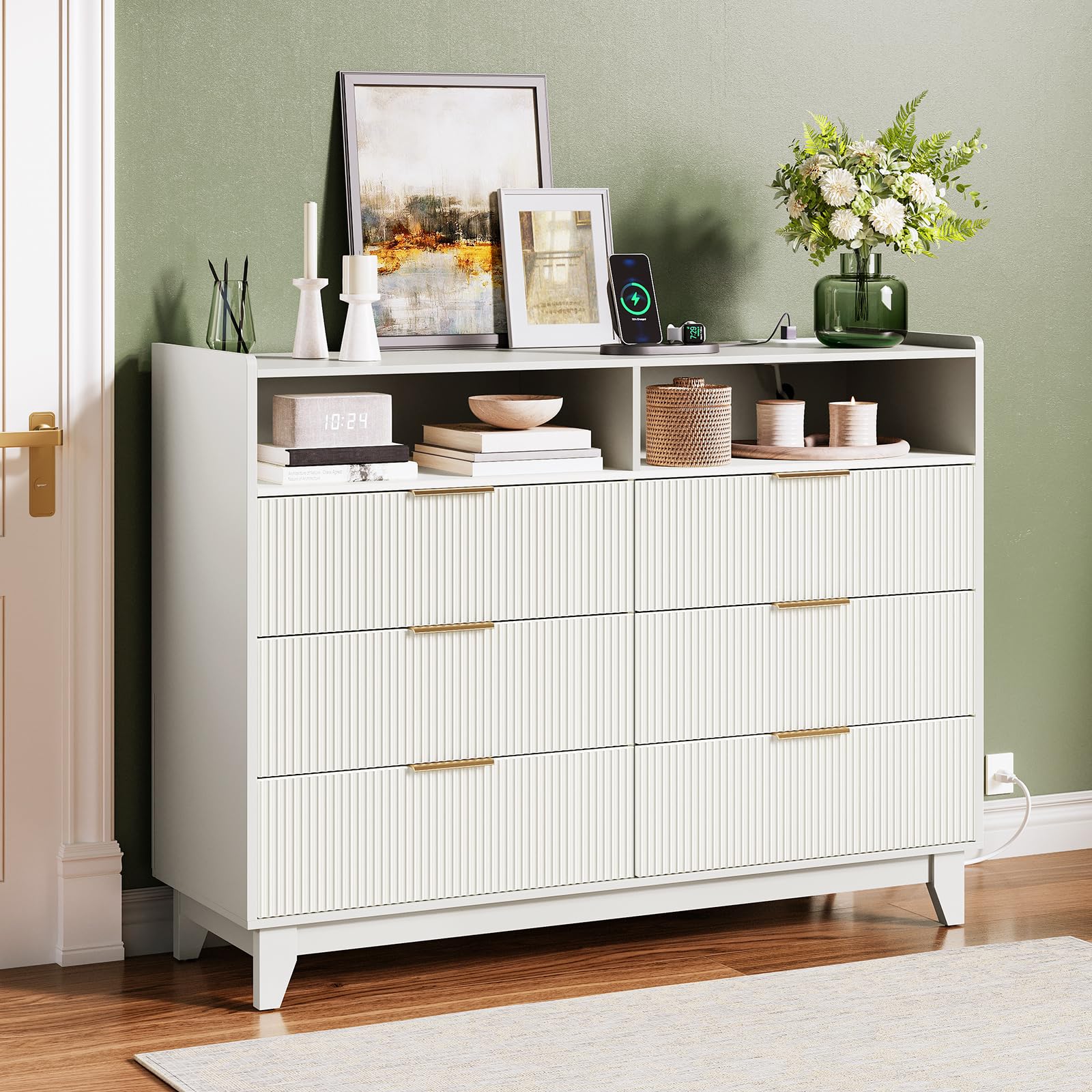 Fluted 6 Drawer Dresser for Bedroom, White Wooden Chest
