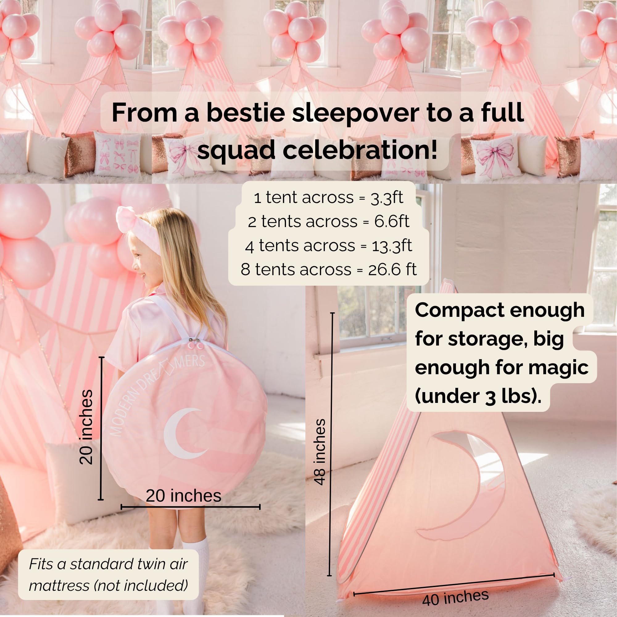 Modern Dreamers Sleepover Teepee Tent Kit for Kids – Indoor & Outdoor Use – Instant Setup, Fairy Lights, and Decorations for Slumber Parties, Backyard Parties, Glamping, and Birthday Events (Pink)