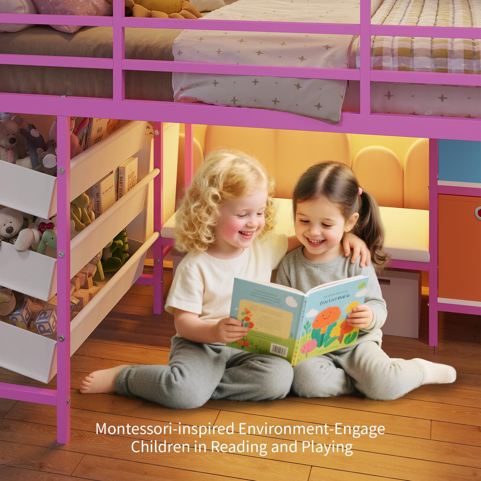 Low Twin Loft Bed with Reading Corner LED Lights Storage Pink