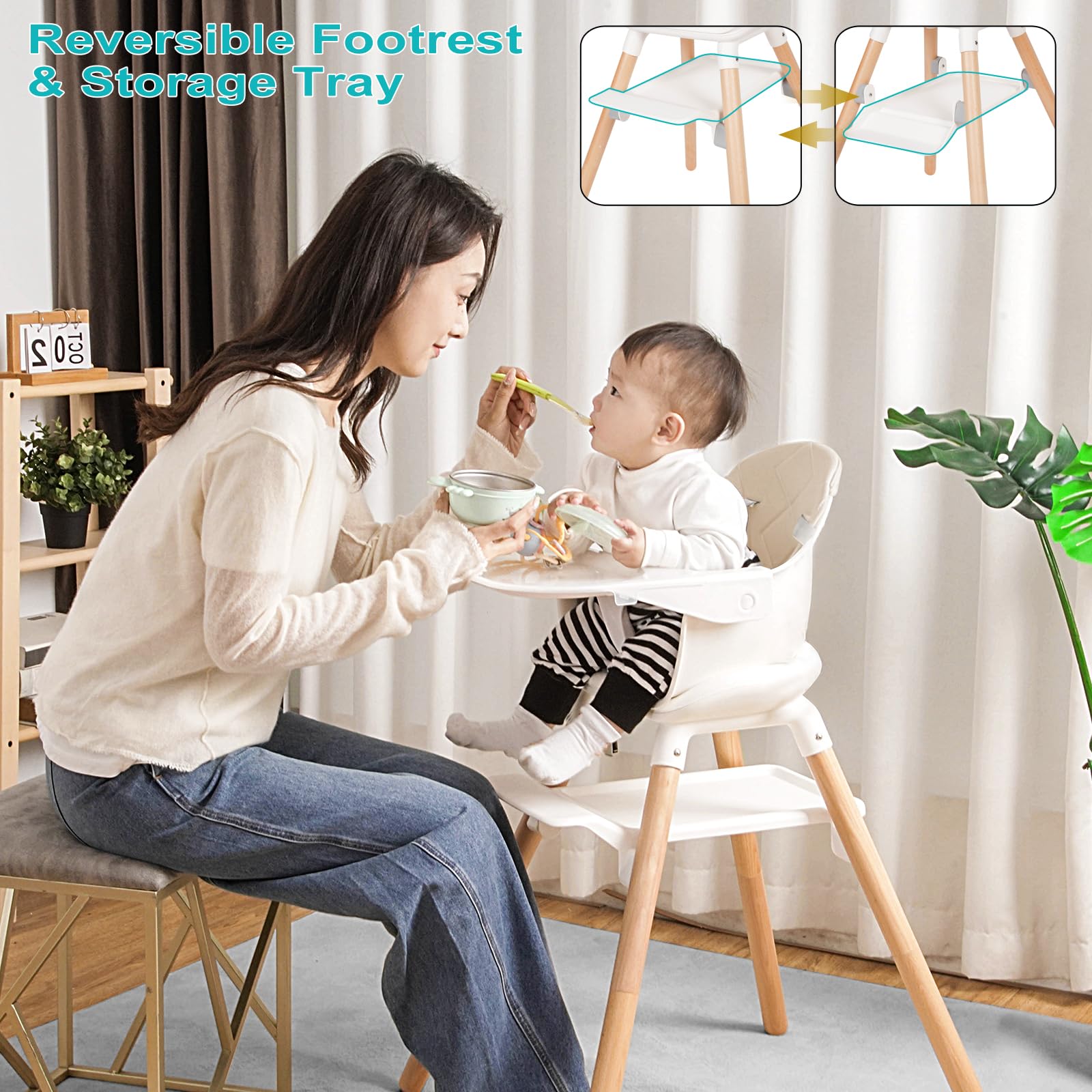 Baby High Chair, 6 in 1 Wooden Convertible High Chairs for Babies and Toddlers