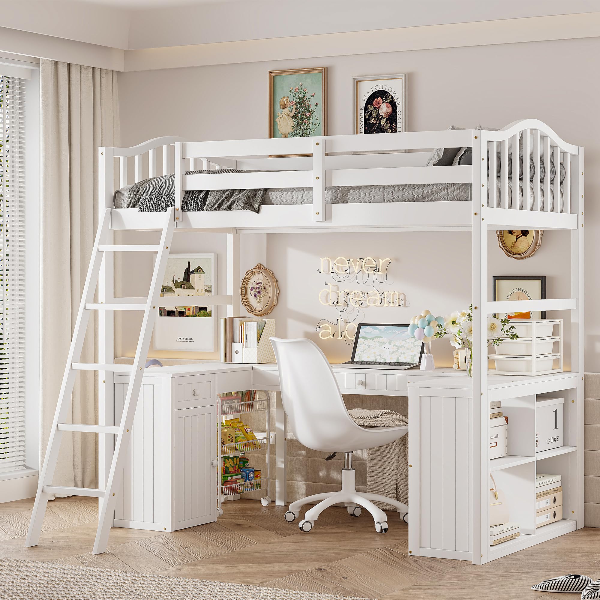 Twin Size Loft Bed with Desk, Wooden Loft Bed Frame with Drawers