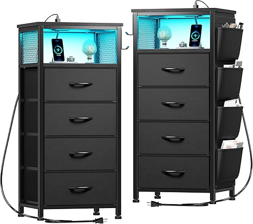 White Nightstand Set of 2,LED Night Stand with Charging Station