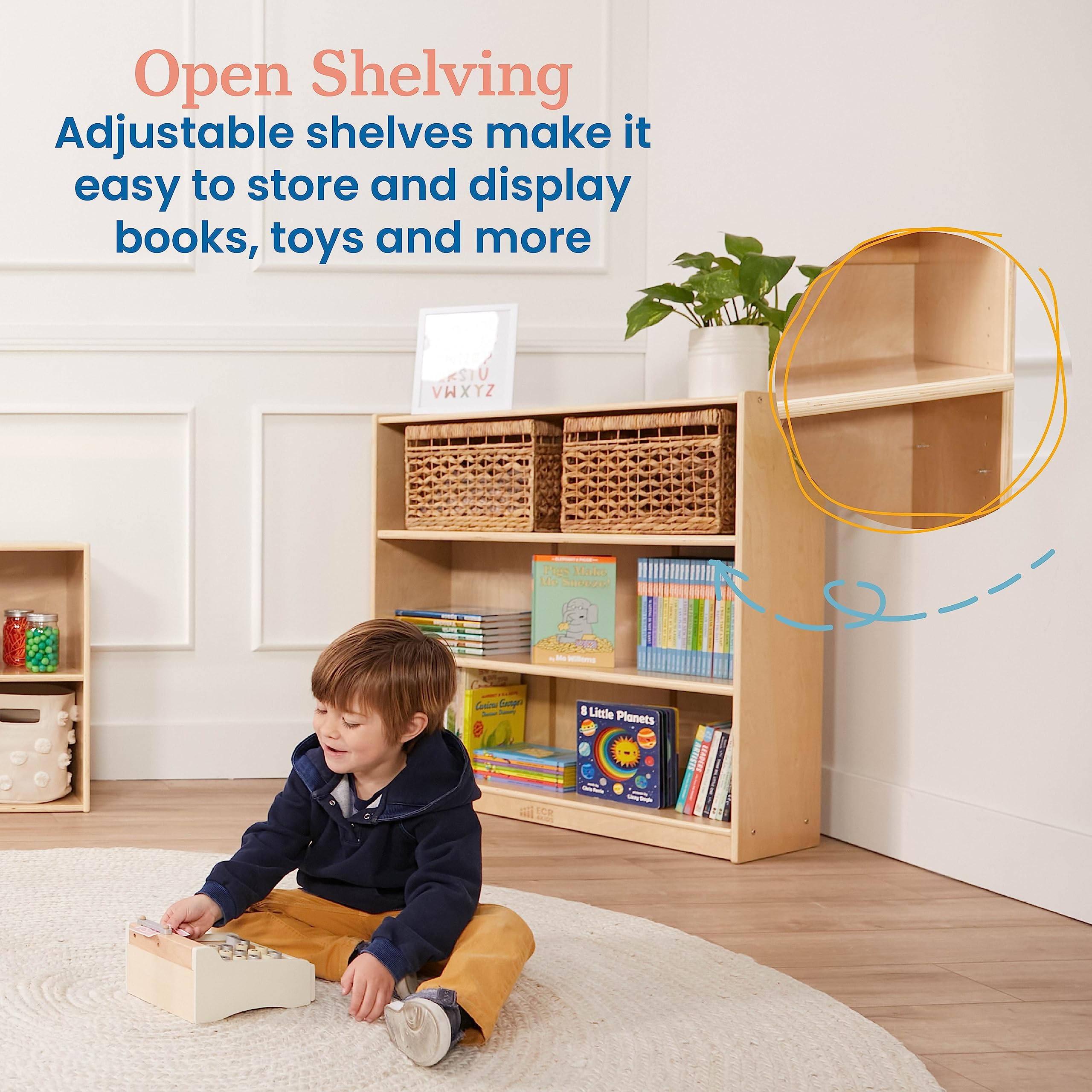 Wooden Bookcase with Adjustable Shelves for Kids
