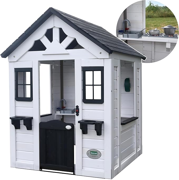 Cedar Wooden Kids Playhouse Cottage with Play Kitchen and Snack Bar