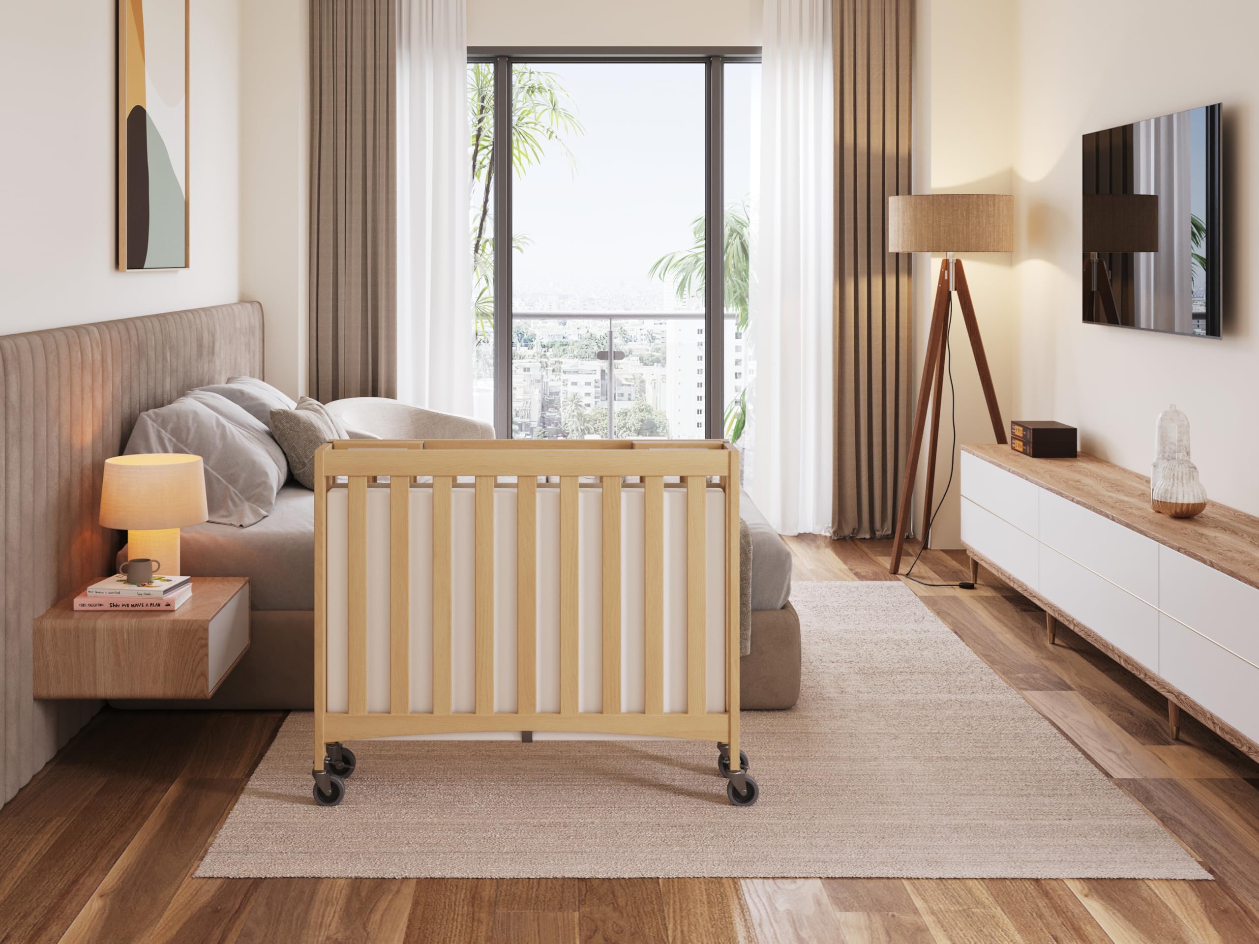 Compact Folding Crib with Foam Mattress and Casters