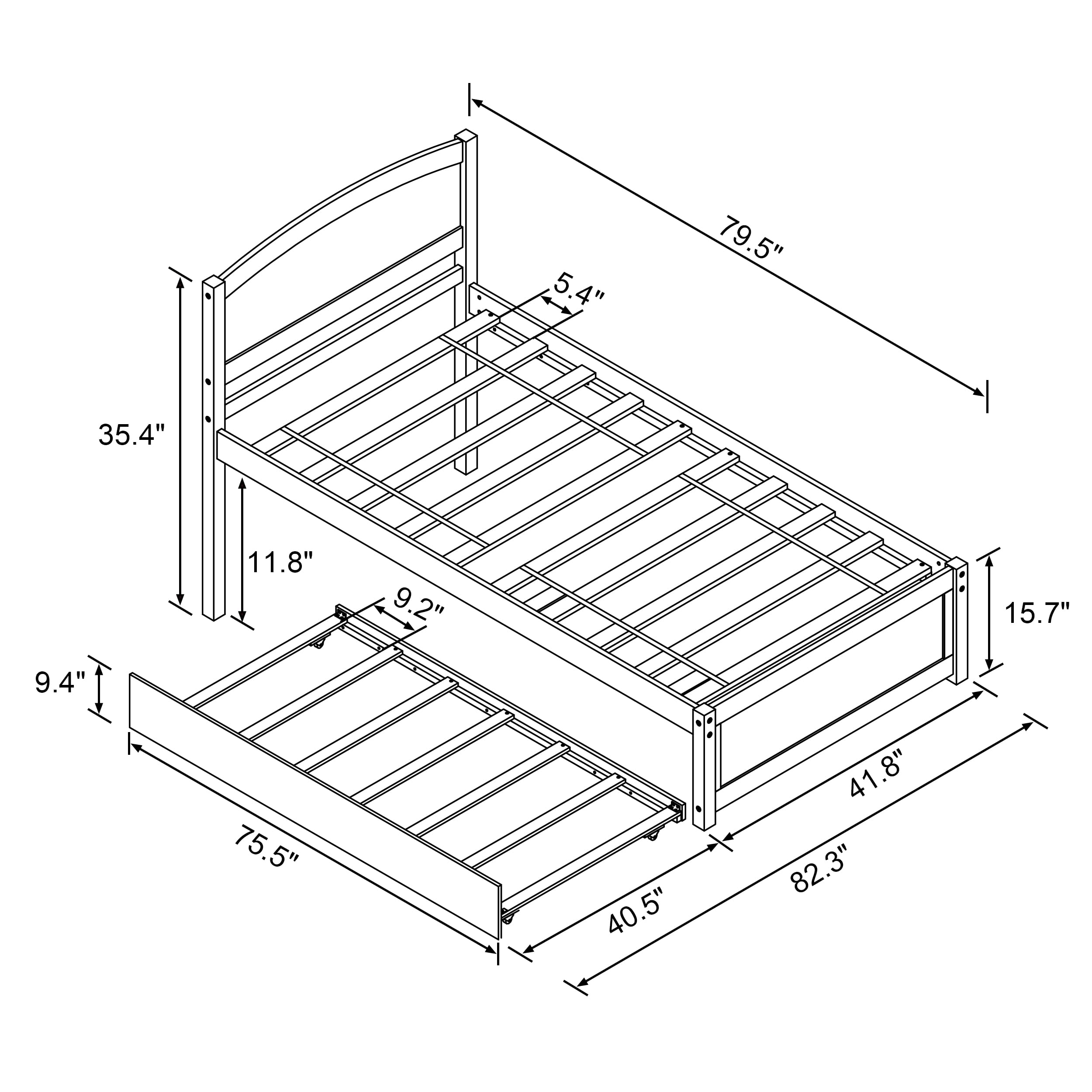 Twin Trundle Bed with Headboard and Wooden Slats
