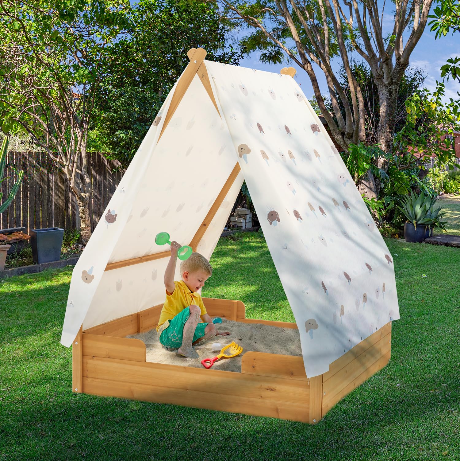 BIRASIL Triangular Wooden Sandbox with Canopy for Aged 3-8 Years Old, Sand Boxes for Backyard Garden, Sand Pit for Beach Patio Outdoor,Indoor and Outdoor Triangular Play Tent