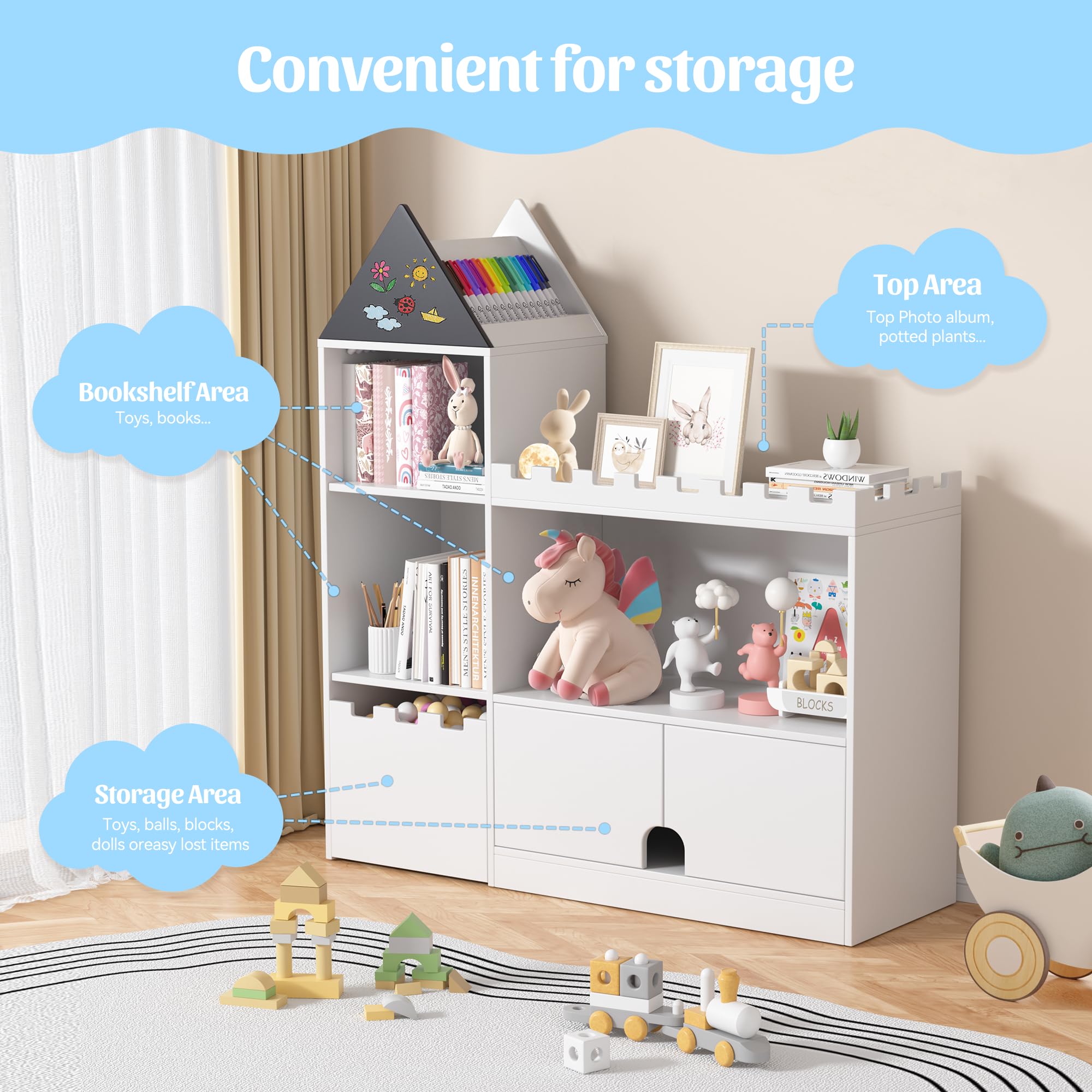 Castle Bookshelf Toy Storage Organizer with 6 Cubbies and Drawers