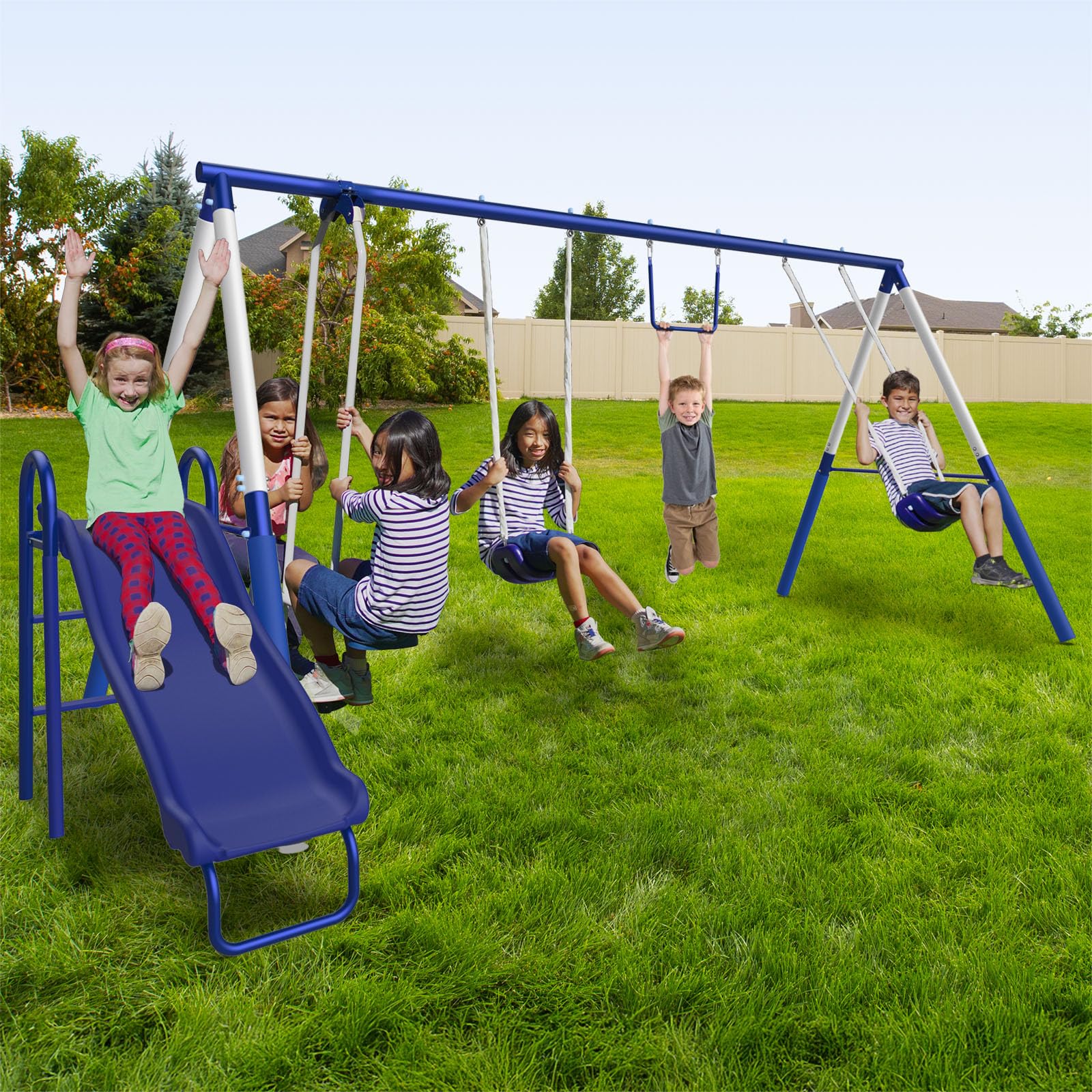 Metal Swing Set with Slide and Glider for Outdoor Play