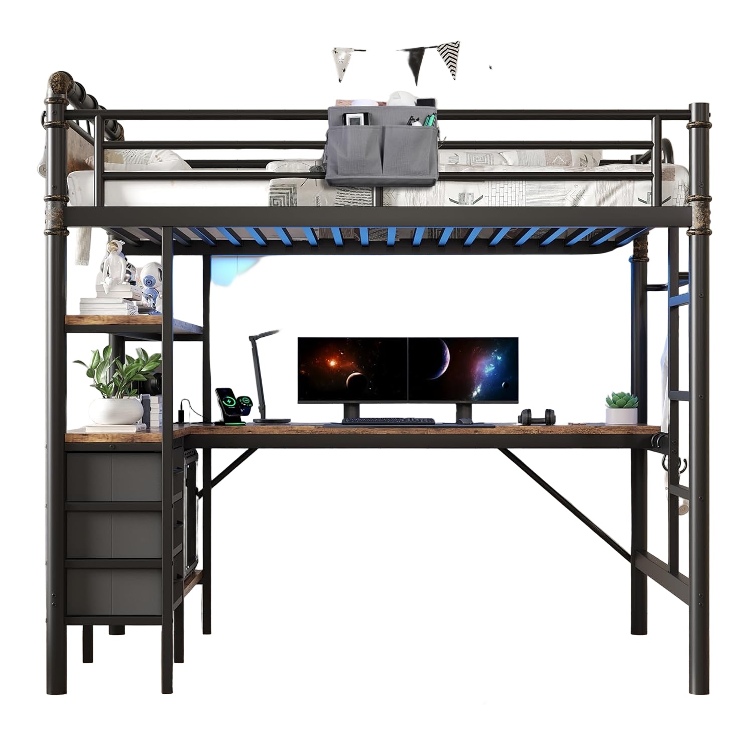 Twin Size Loft Bed with L-Shaped Desk, LED Lights,Charging Station
