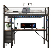Twin Loft Bed with L-Shaped Desk and LED Lights