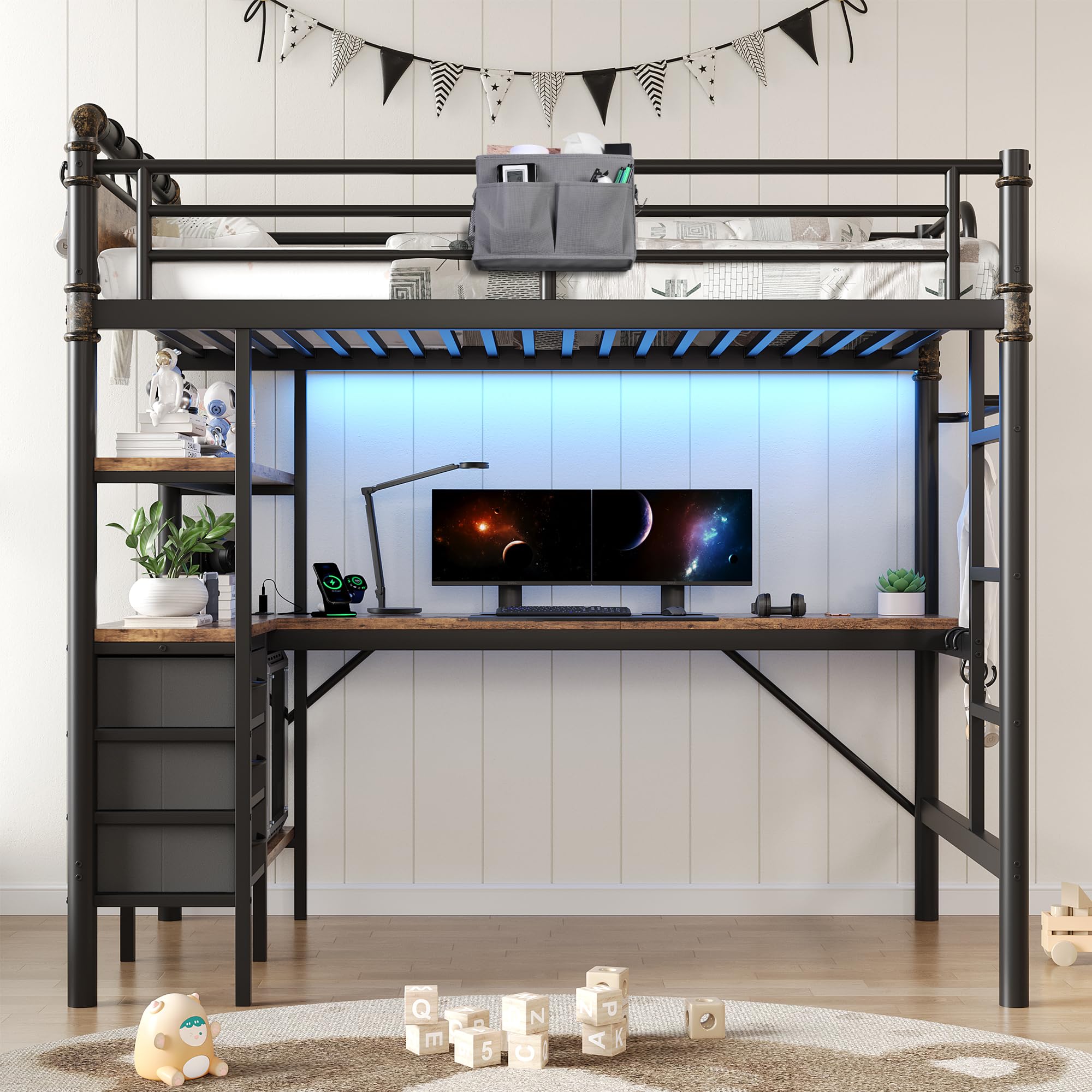 Twin Loft Bed with L-Shaped Desk and LED Lights