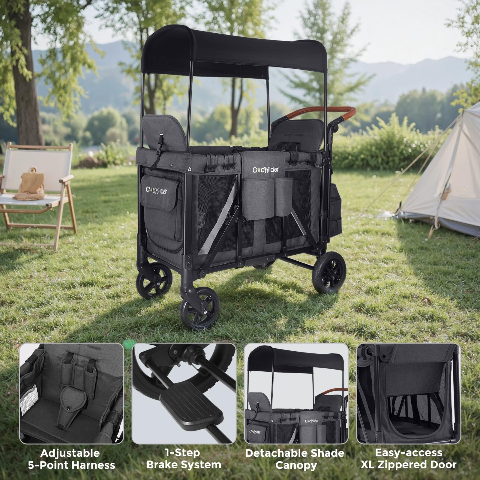 Elite 2 Seater Wagon Stroller with Removable Canopy and Safety Harness