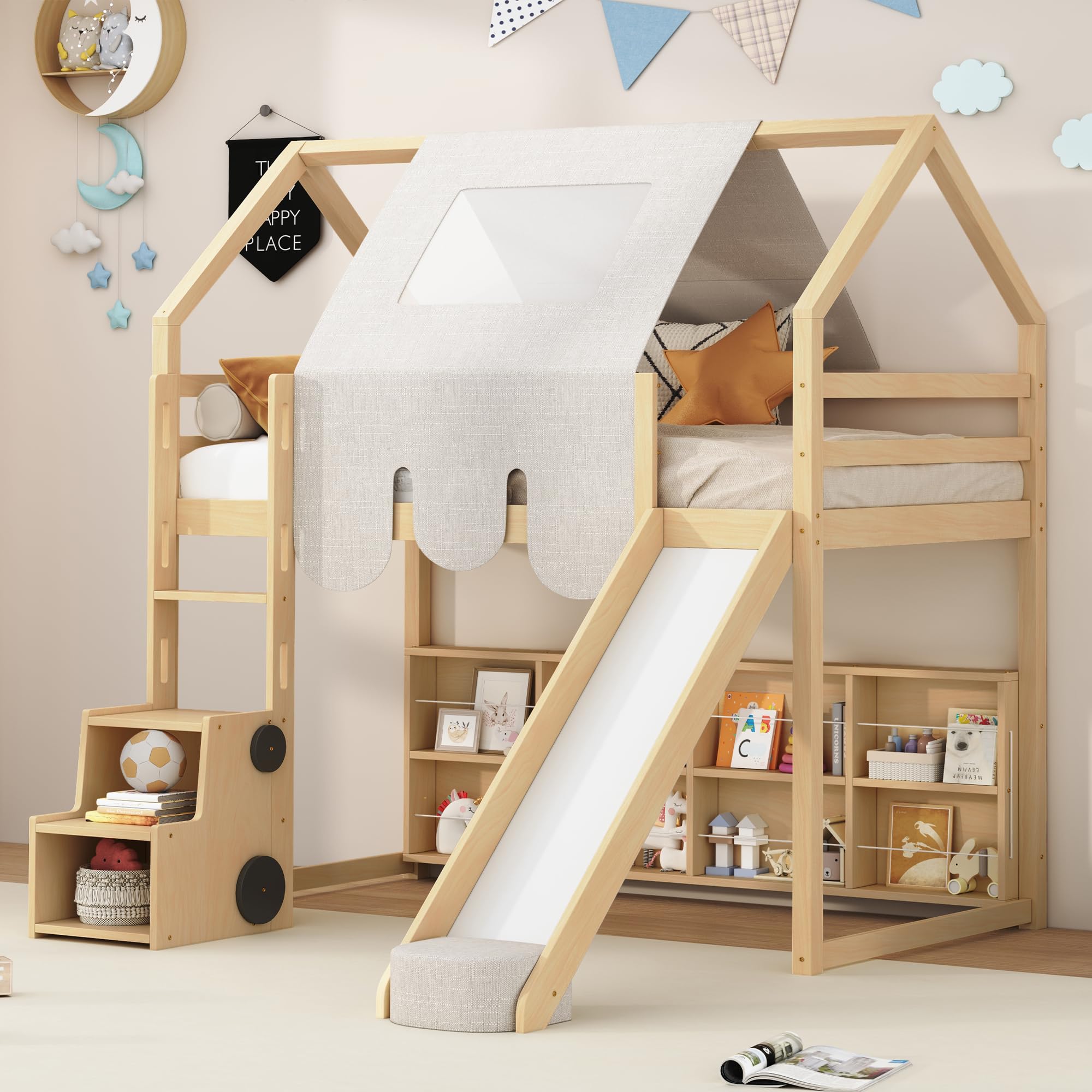 Twin Size Loft Bed with Slide, Wooden Twin House-Shaped Frame with Ladder